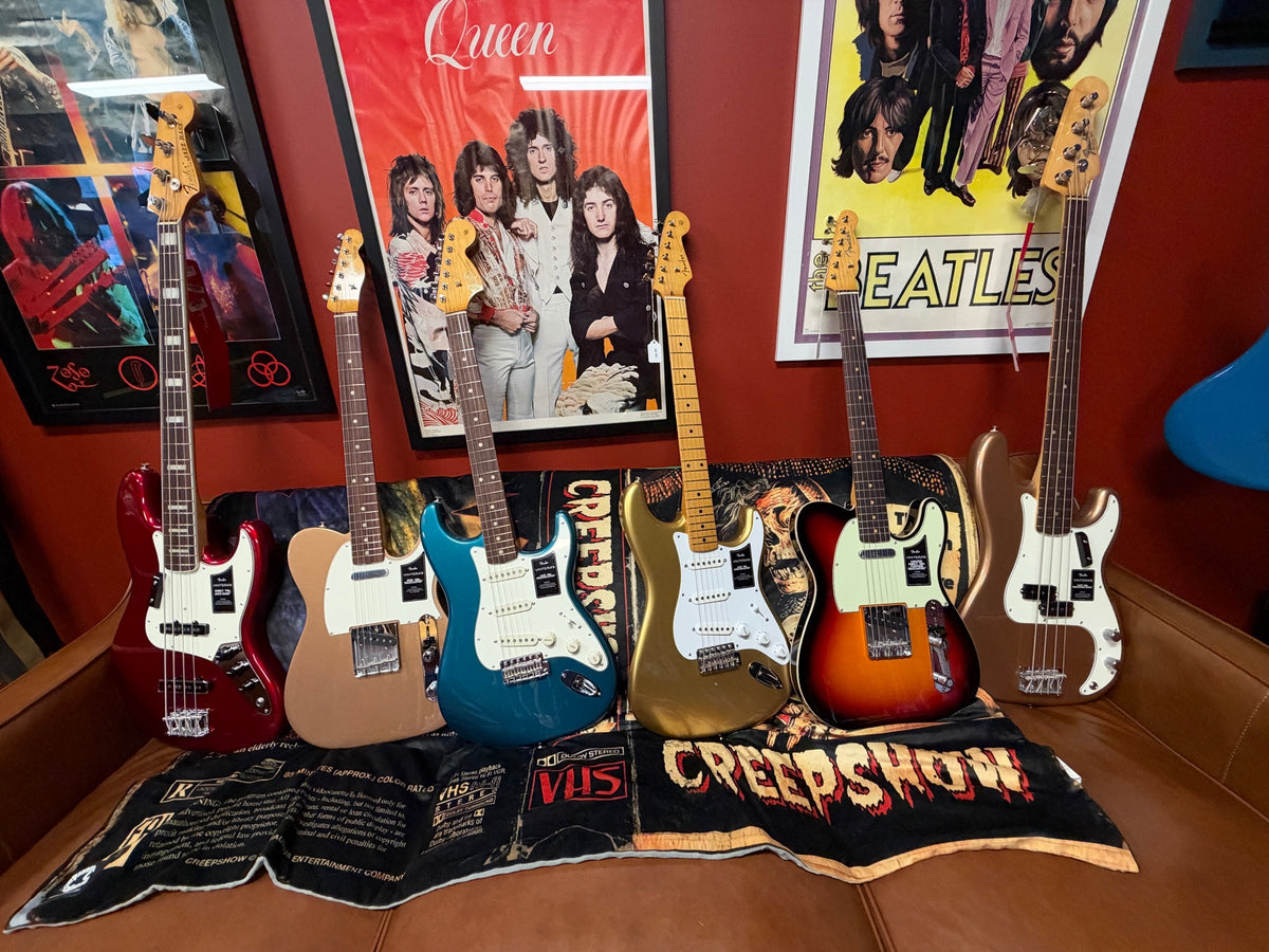Six Fender Vintera III guitars and basses at Paul's Guitar Hideout in Glens Falls: Early '70s Jazz Bass, Mid '60s Telecaster, Late '60s and Late '50s Stratocasters, Early '60s Custom Telecaster and Late '60s Precision Bass