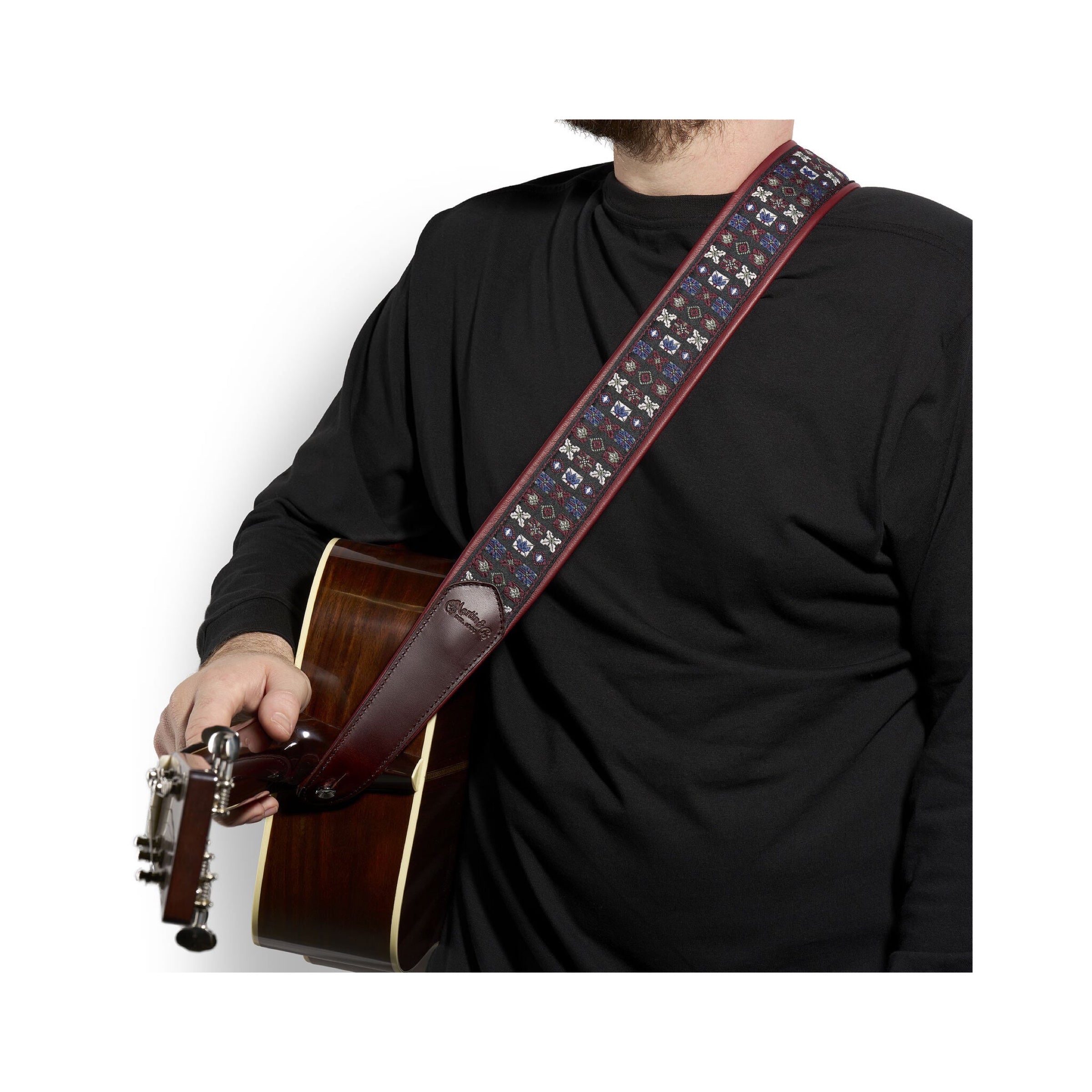 Martin Retro Jacquard Leather Guitar Strap - Burgundy Blue - in use