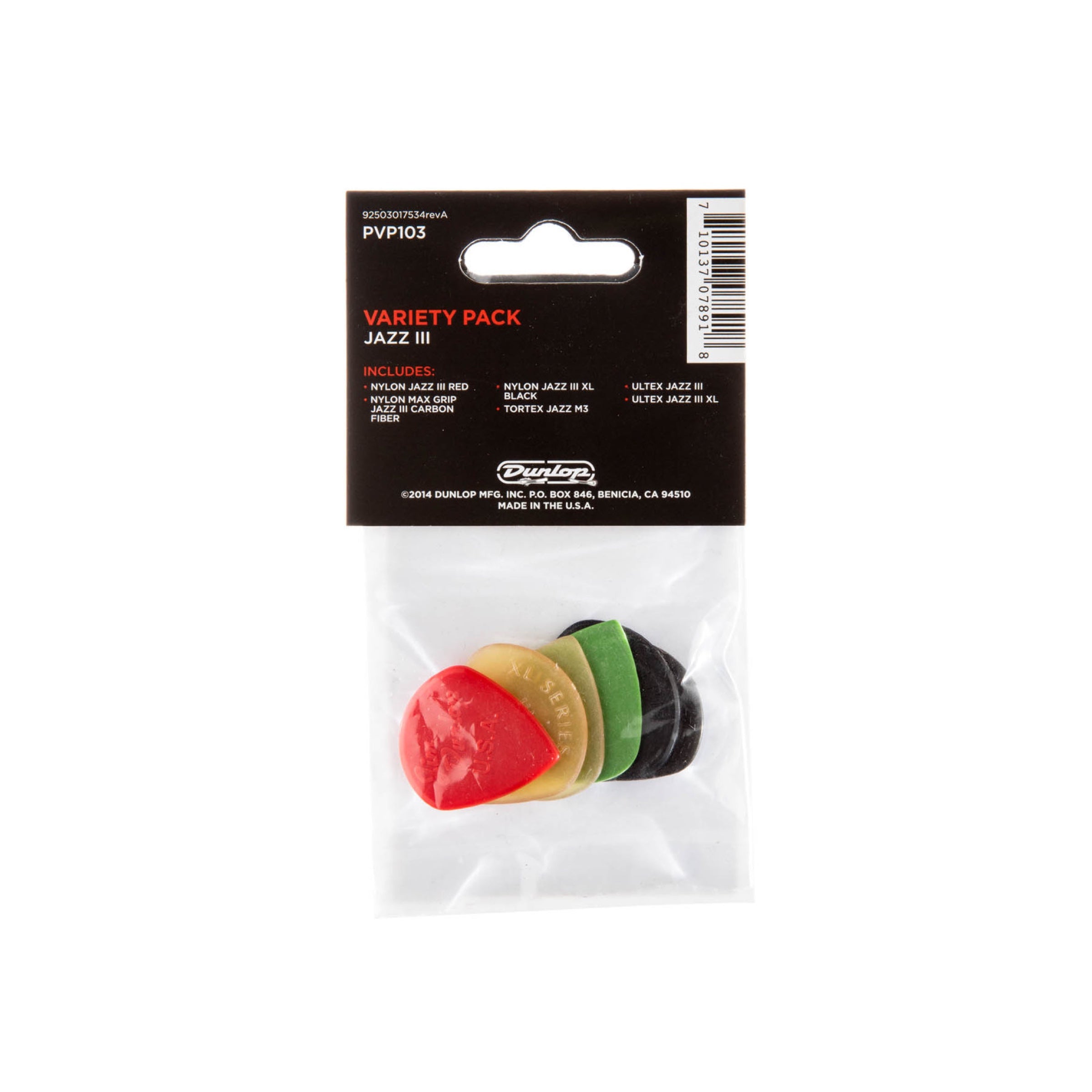 Dunlop PVP103 - Jazz III Pick Variety Pack, 6 Picks - back