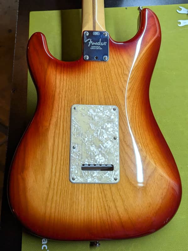 2000-2003 Fender American Fat Stratocaster - back tremolo cover close-up - Pauls Guitar Hideout