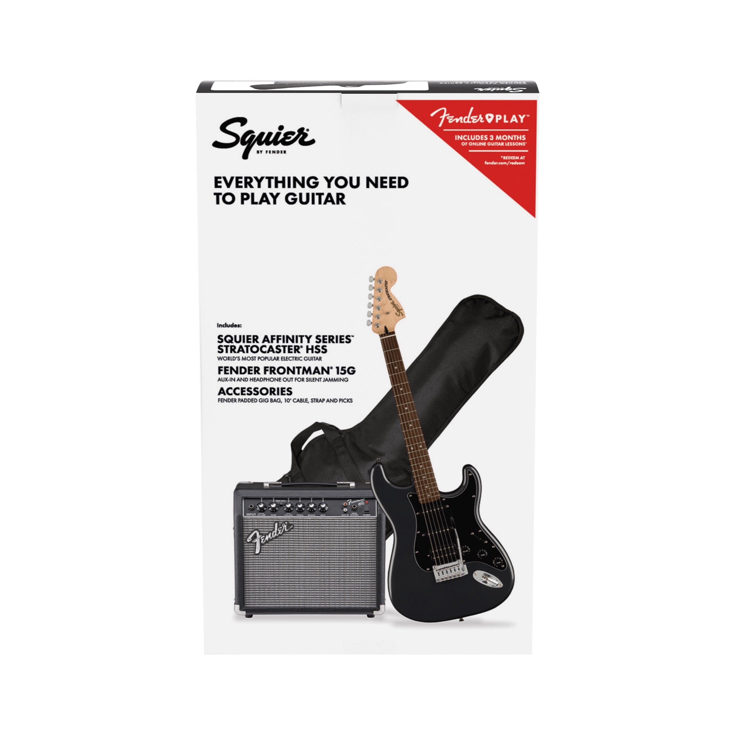 Squier Affinity Stratocaster HSS Pack - Charcoal Frost Metallic - pack box, front