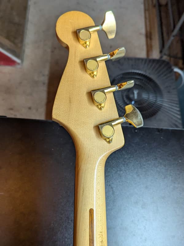 1989 Fender Precision Bass Lyte MIJ - headstock back with gold tuners - Pauls Guitar Hideout