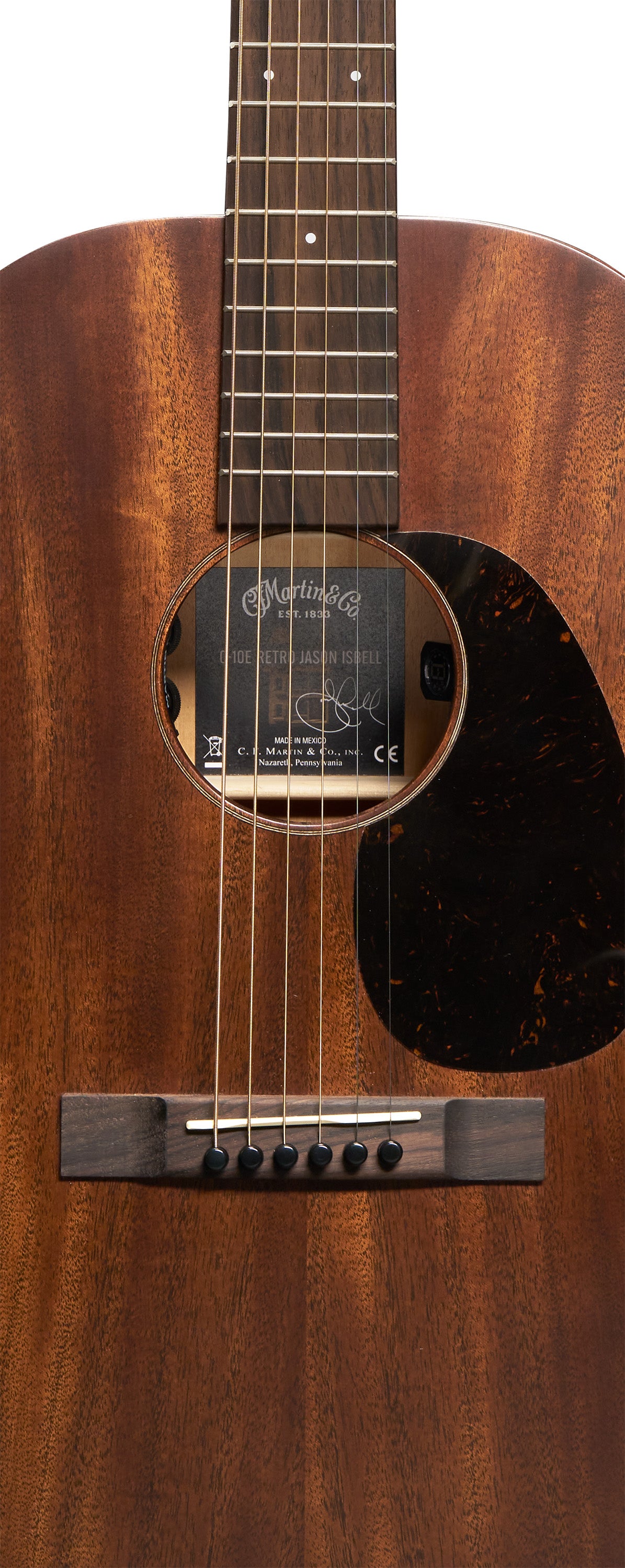 Martin 0-10E Retro Jason Isbell body at three-quarter angle with faux tortoise pickguard