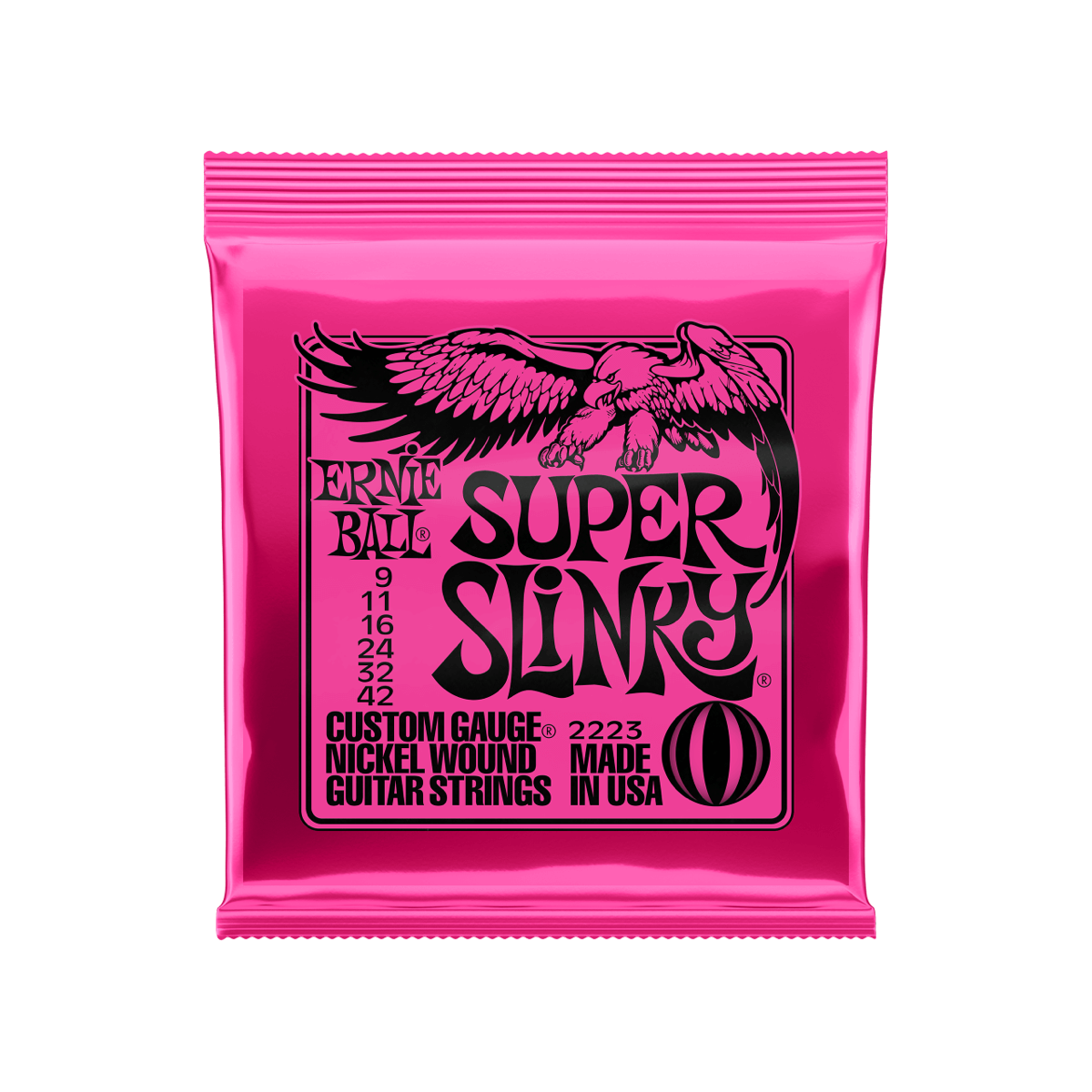 Ernie Ball Super Slinky nickel wound electric guitar strings, 9-42 gauge, front of package