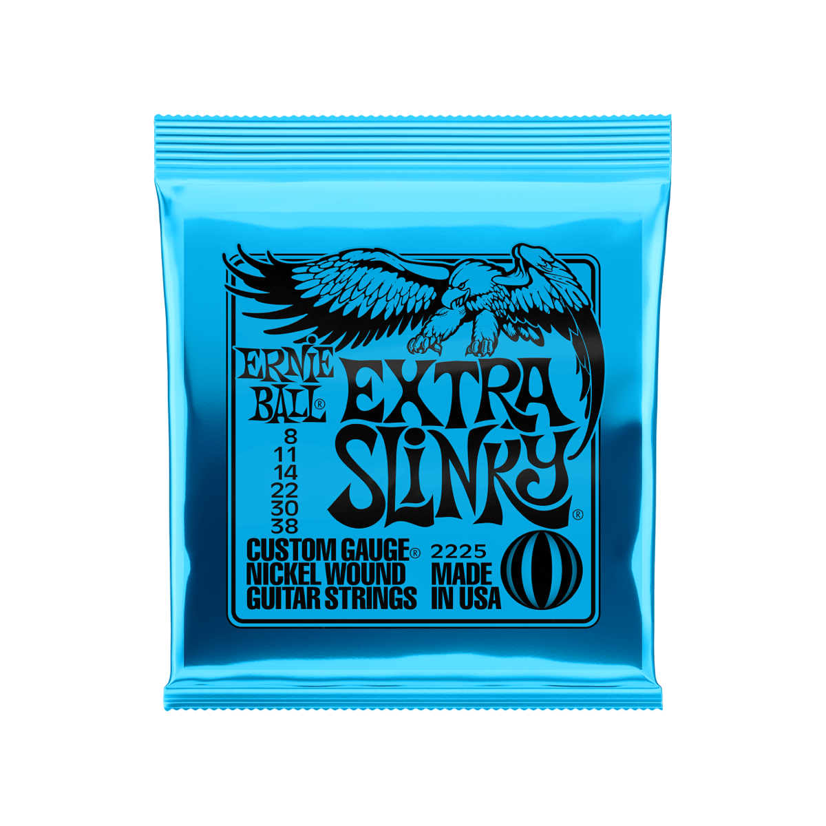 Ernie Ball Extra Slinky nickel wound electric guitar strings, 8-38 gauge, front of package