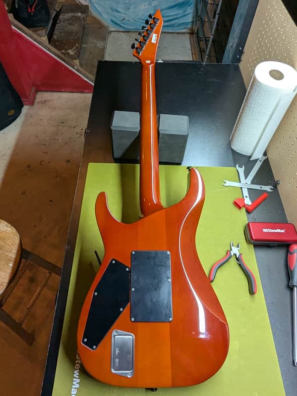 2013 ESP LTD Elite M-II - back full body on workbench - Pauls Guitar Hideout