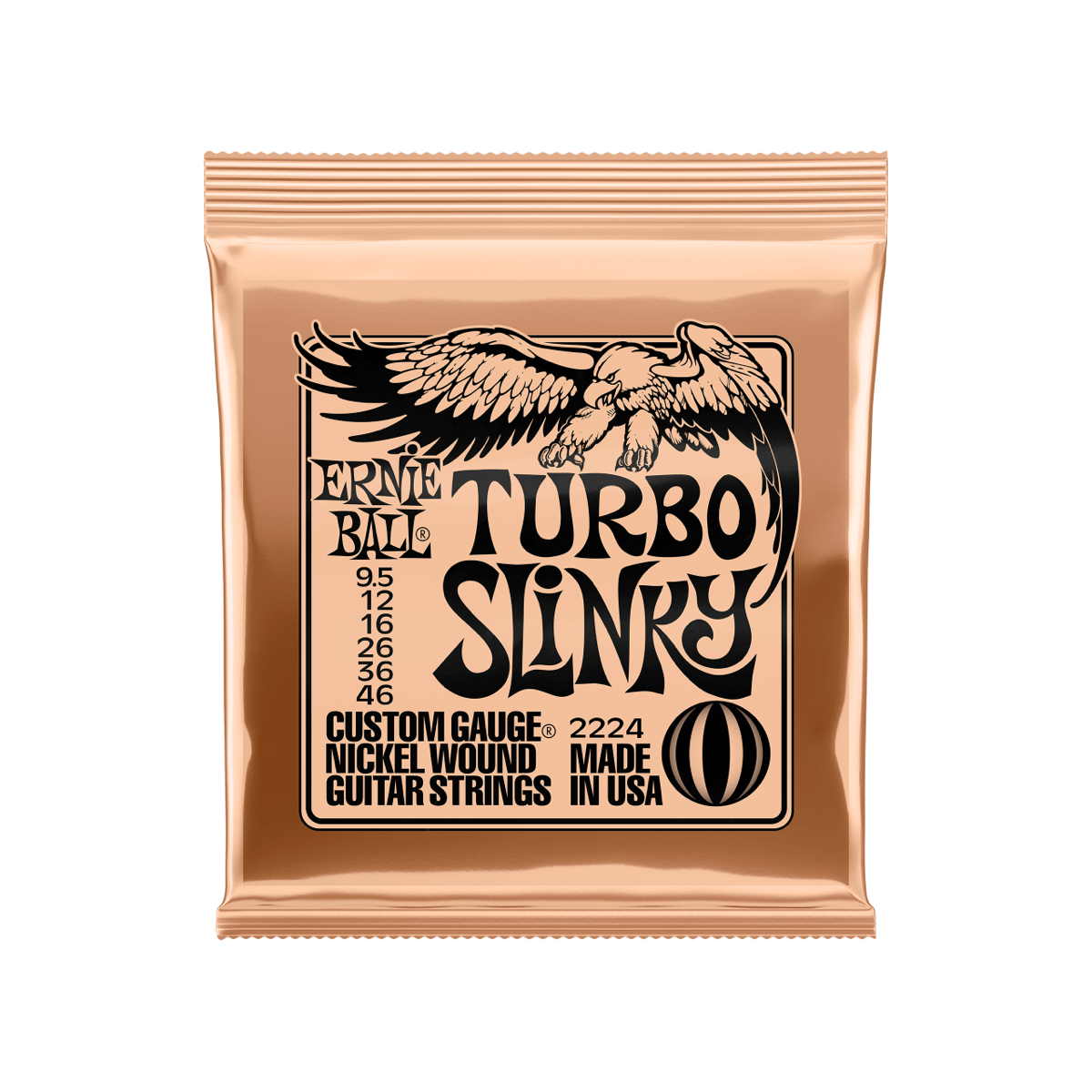Ernie Ball Turbo Slinky nickel wound electric guitar strings, 9.5-46 gauge, front of package