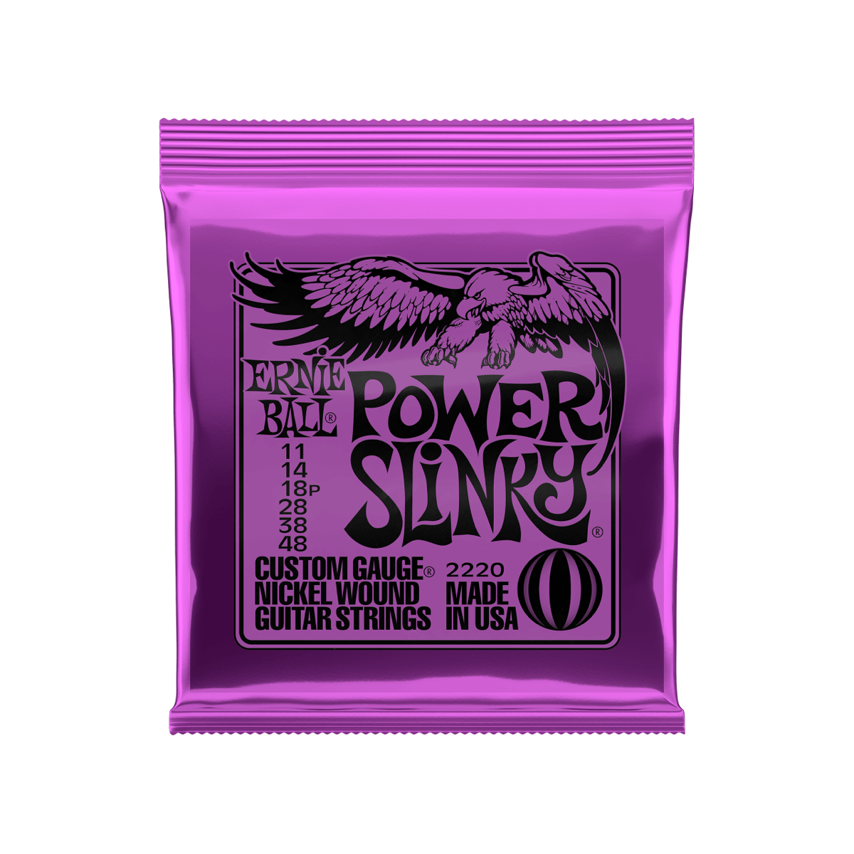 Ernie Ball Power Slinky nickel wound electric guitar strings, 11-48 gauge, front of package