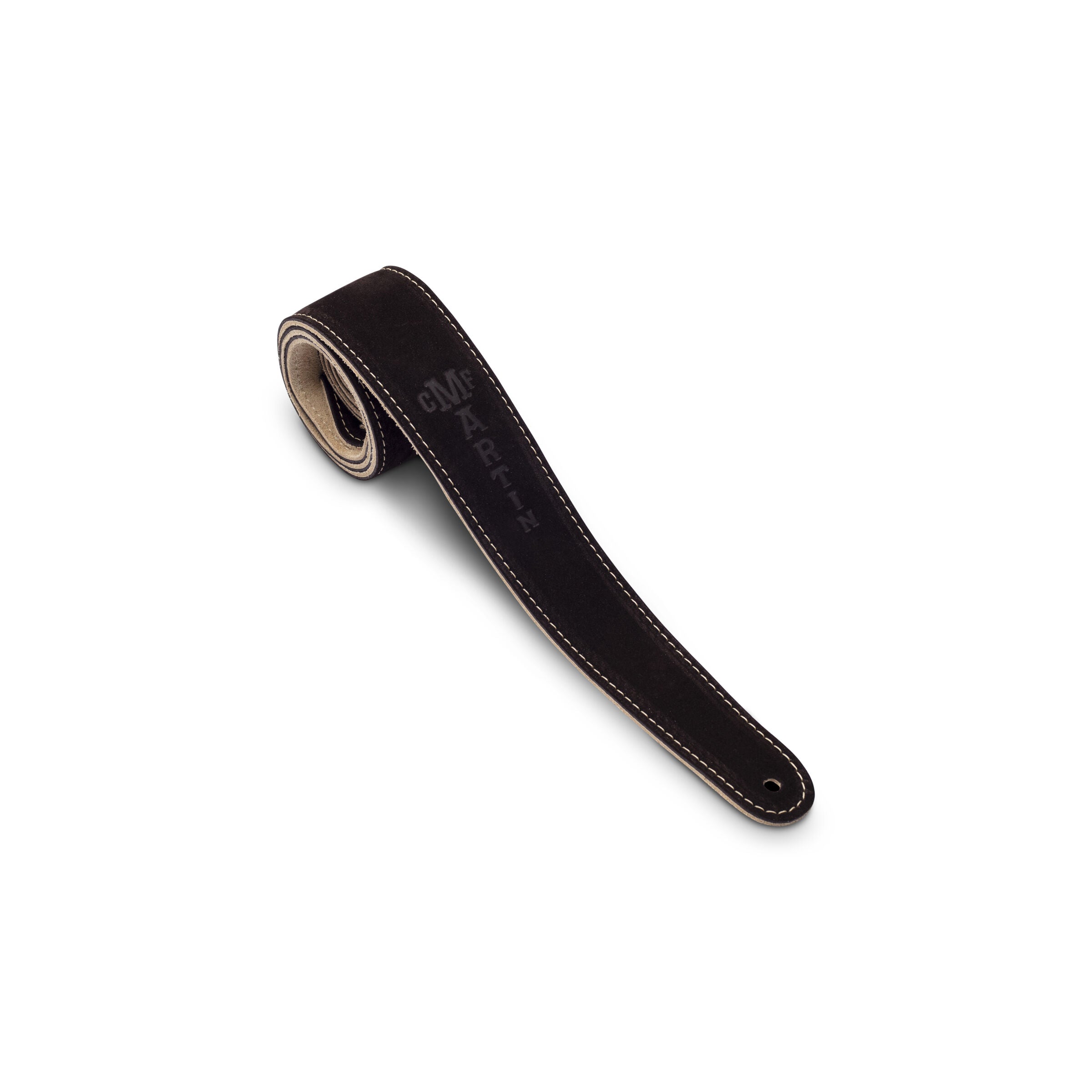 Martin suede guitar strap in brown with tan underside, full length