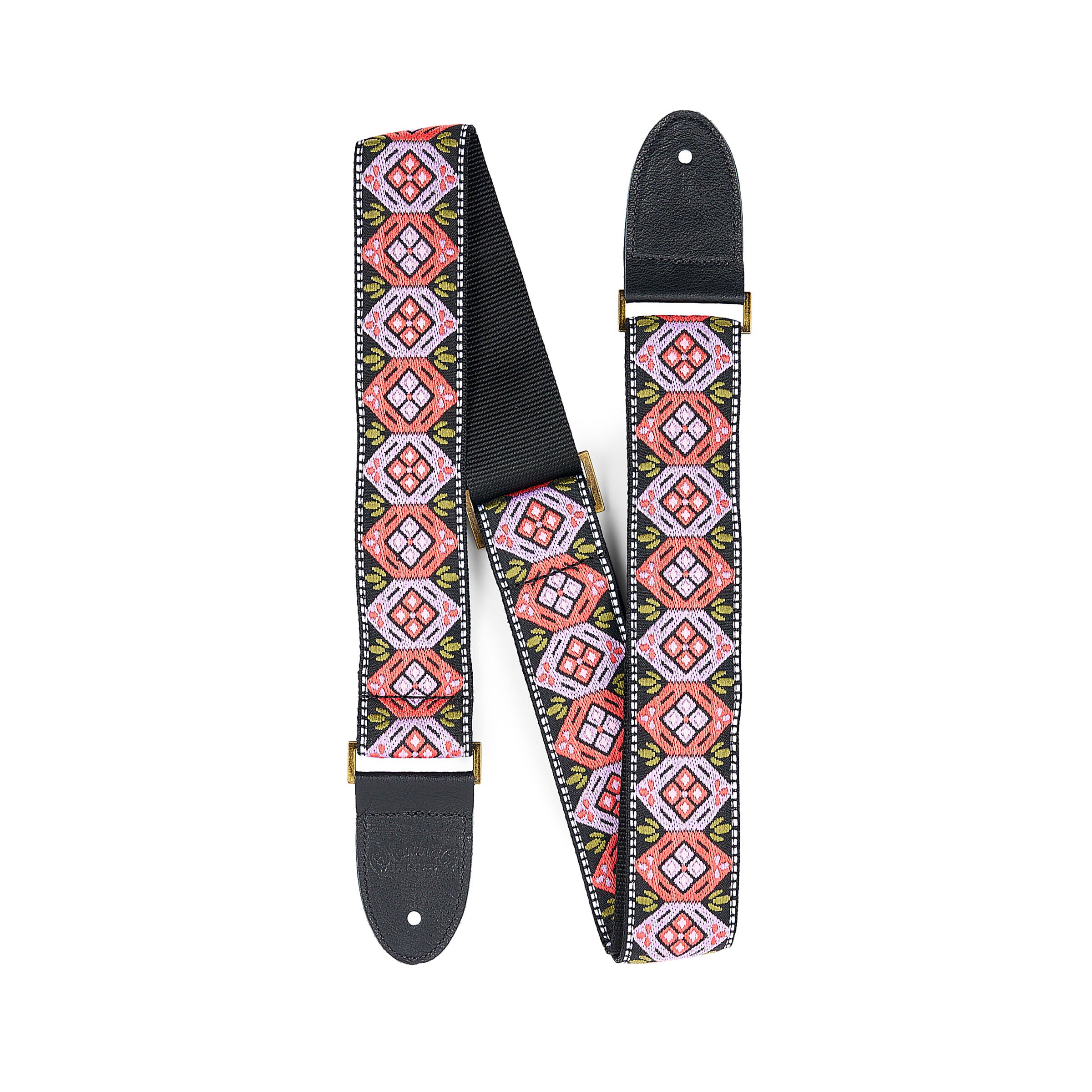 Martin jacquard guitar strap in lilac and coral gemstone weave with leather ends