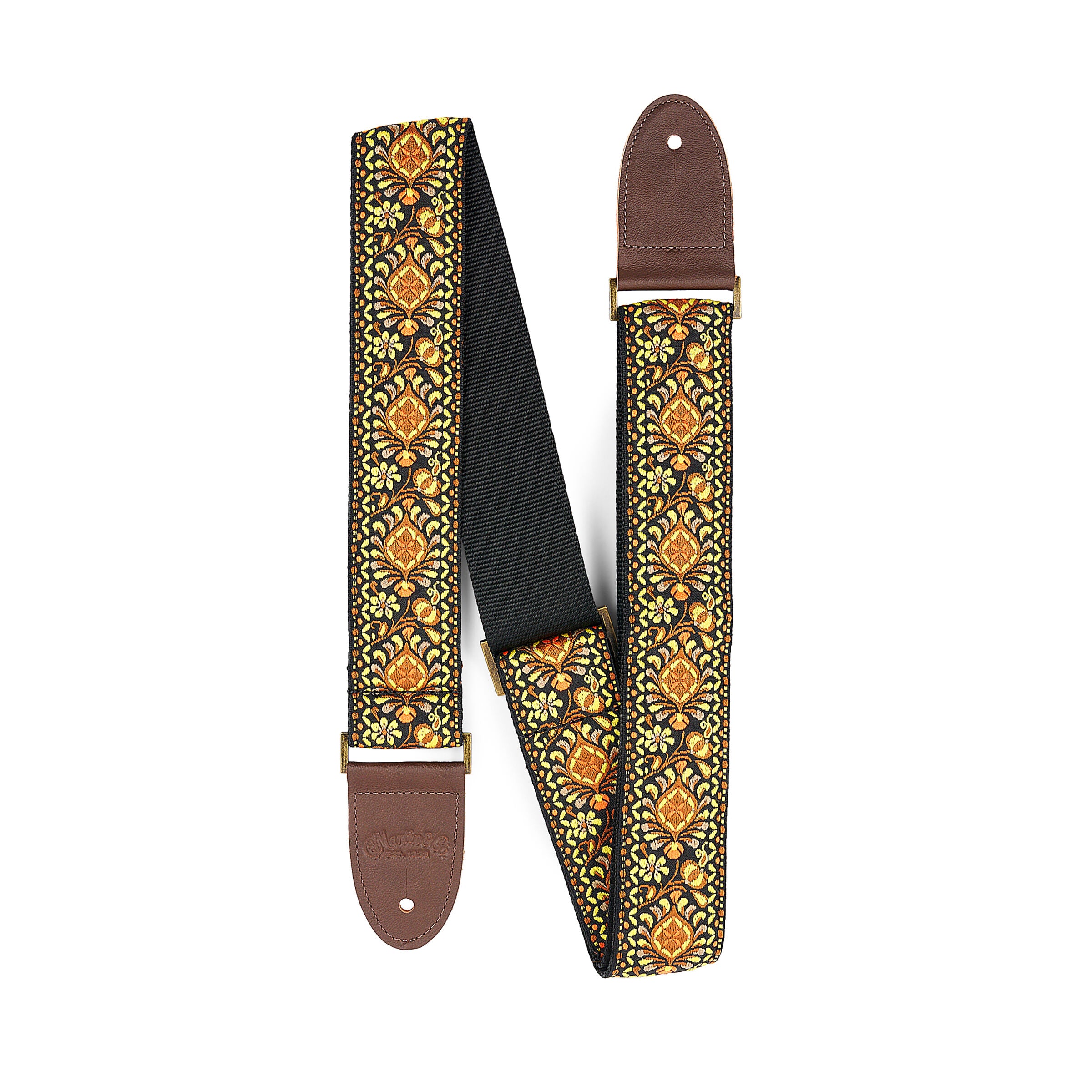 Martin jacquard guitar strap in Sunset, warm orange and gold weave with leather ends