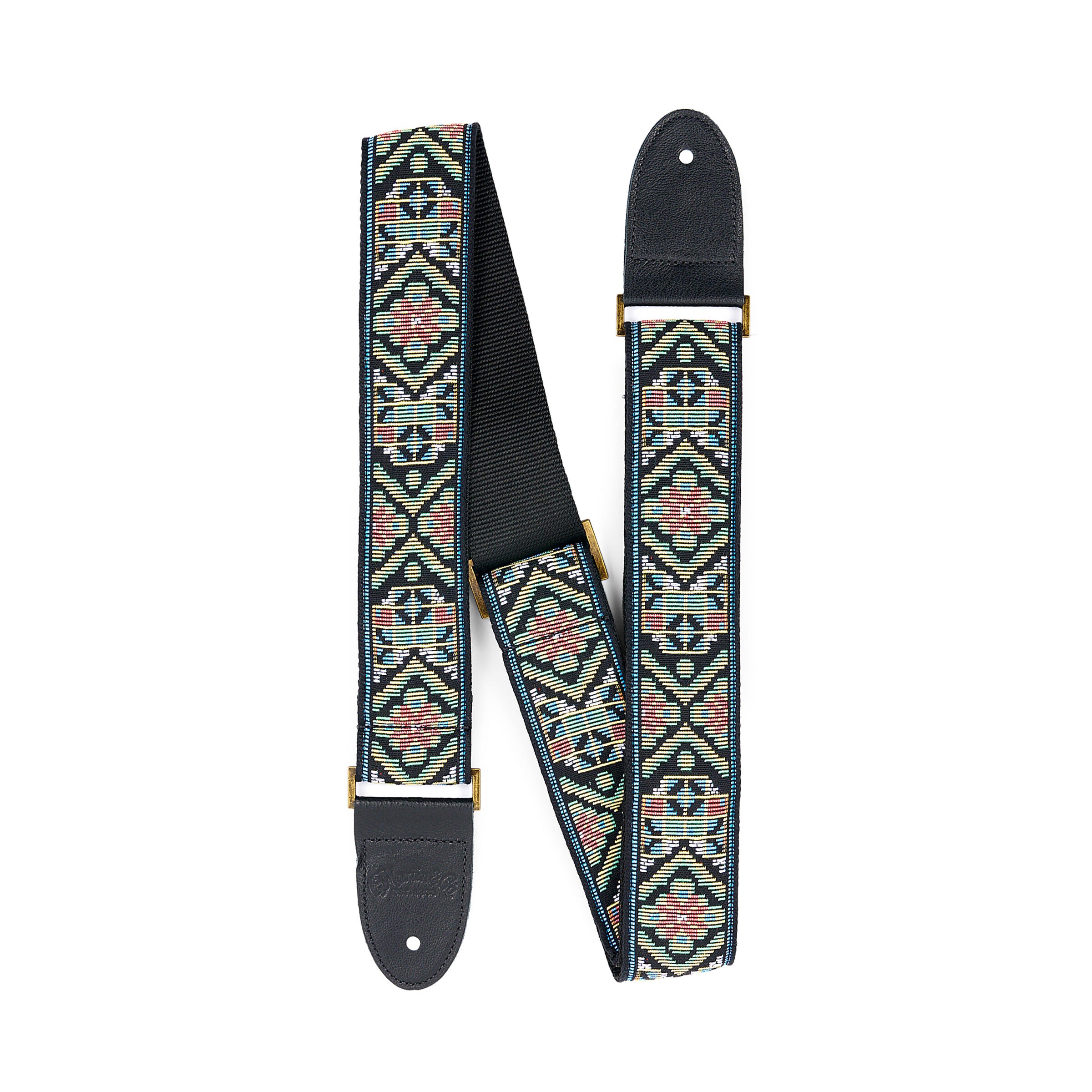 Martin jacquard guitar strap in Grecian Medallion repeating pattern with leather ends