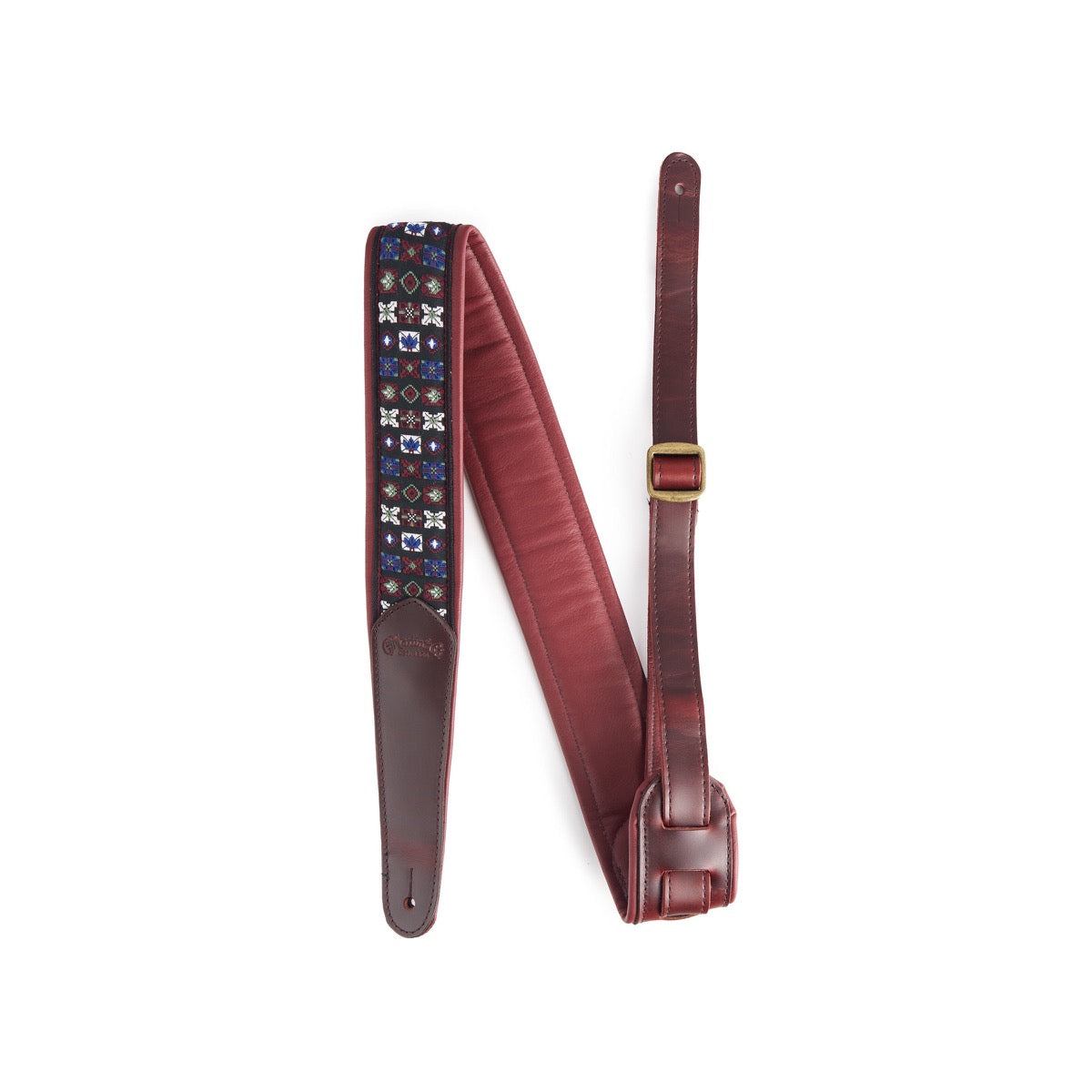 Martin Retro Jacquard leather guitar strap, burgundy leather with burgundy blue and white woven pattern