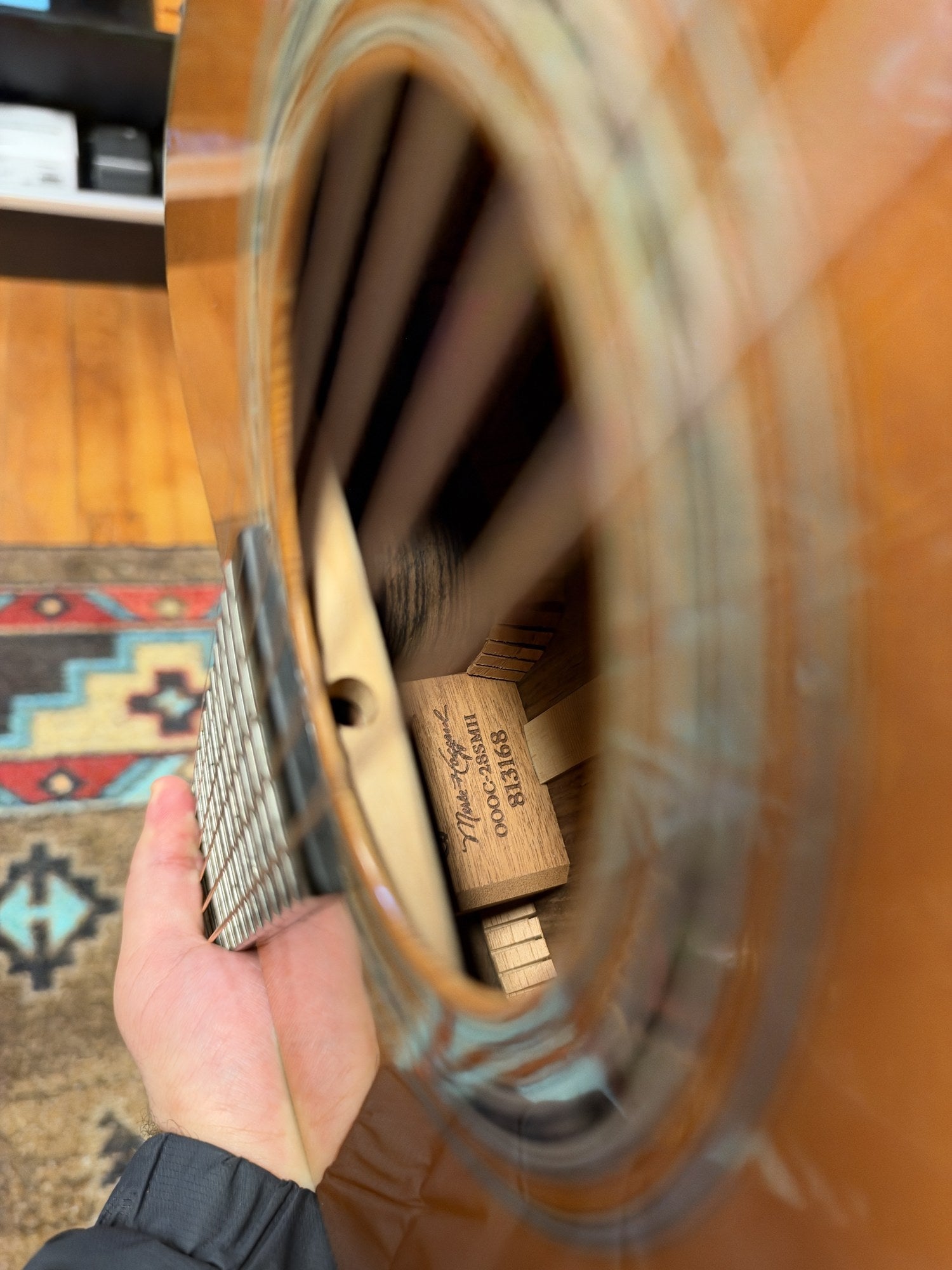 Martin 000C-28SMH Merle Haggard Blue Yodel No. 13, 2001: neck block through the soundhole showing the model stamp and serial 813168