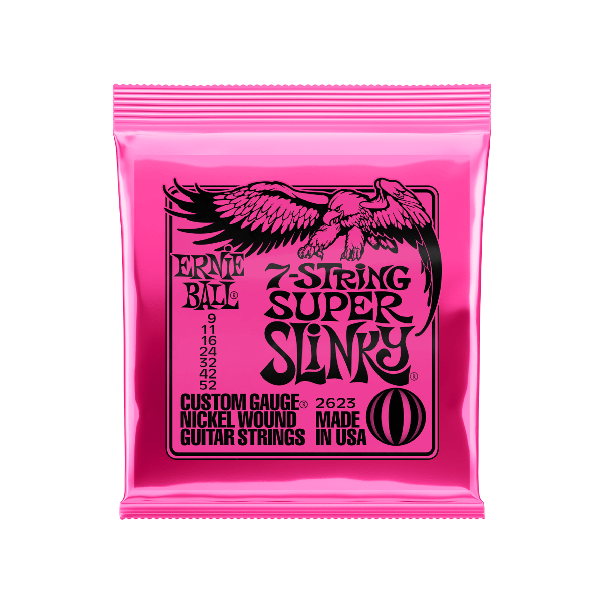 Ernie Ball Super Slinky 7-string electric guitar strings, 9-52 gauge, front of package