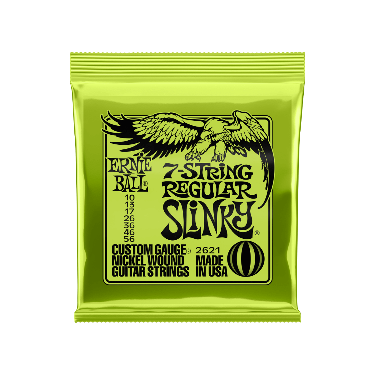 Ernie Ball Regular Slinky 7-string electric guitar strings, 10-56 gauge, front of package