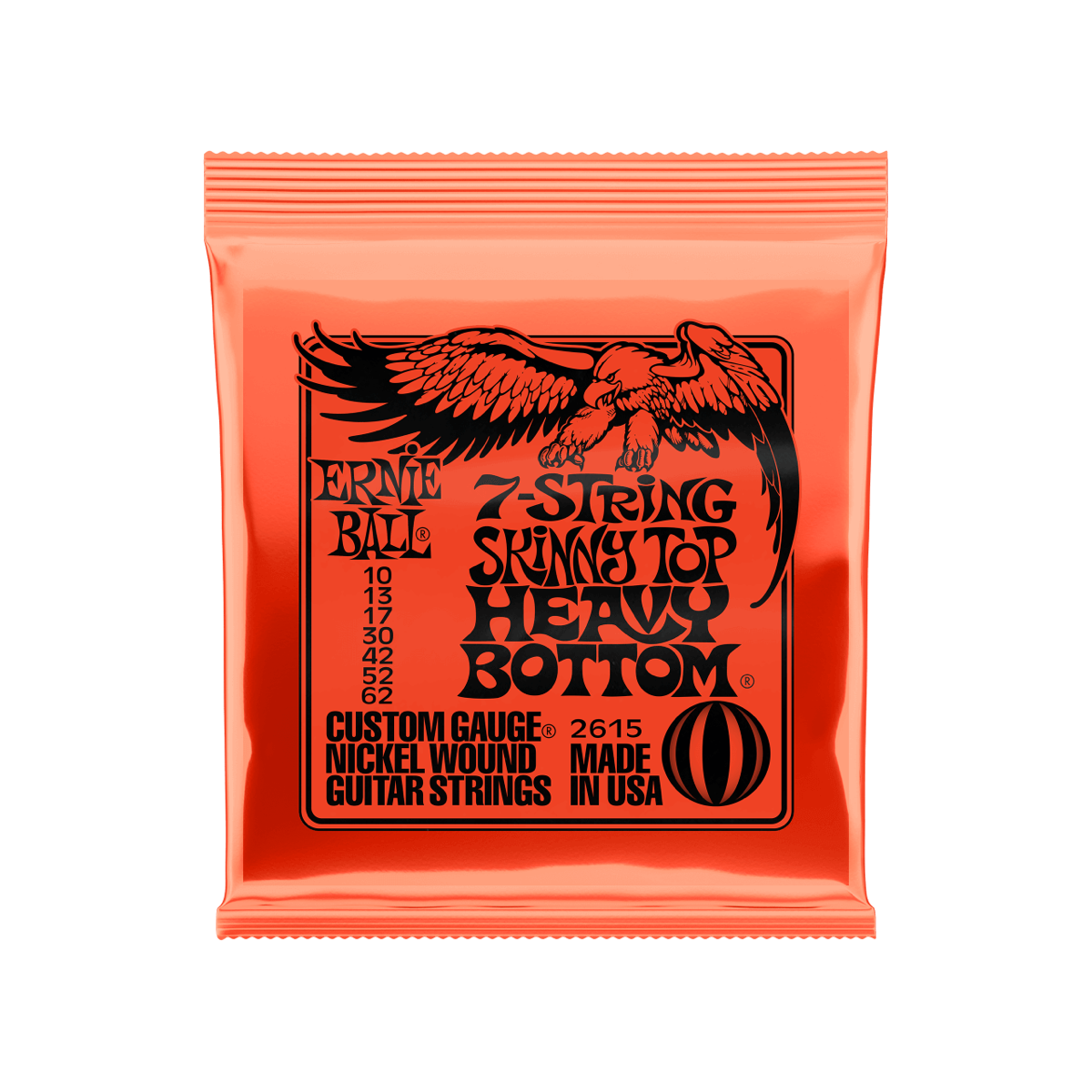 Ernie Ball Skinny Top Heavy Bottom 7-string electric guitar strings, 10-62 gauge, front of package