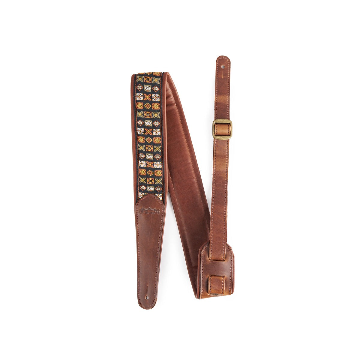 Martin Vintage Walnut leather guitar strap with orange yellow and white jacquard weave