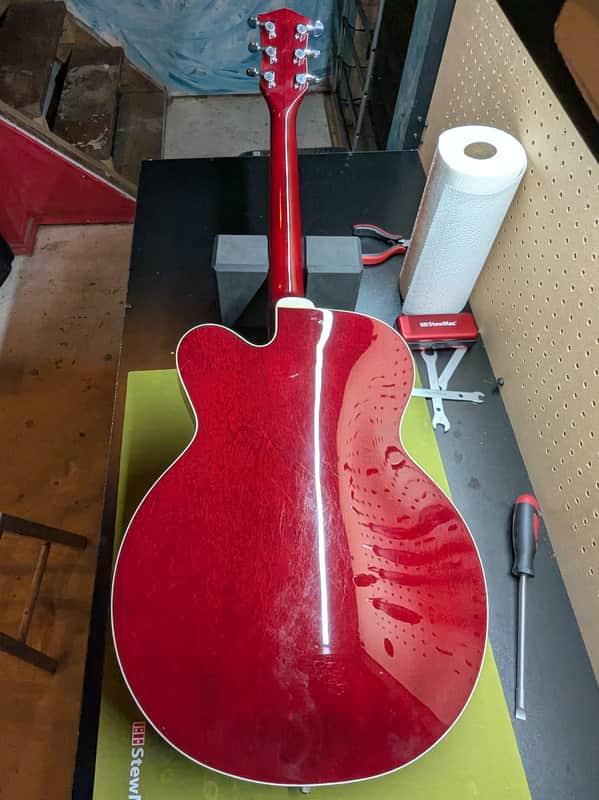 2003-2006 Gretsch G6119 Tennessee Rose - back full body on workbench - Pauls Guitar Hideout