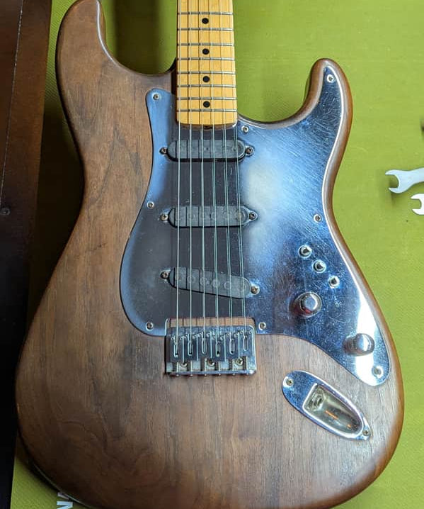 80s Schecter Dream Machine - body front natural walnut with chrome pickguard - Pauls Guitar Hideout