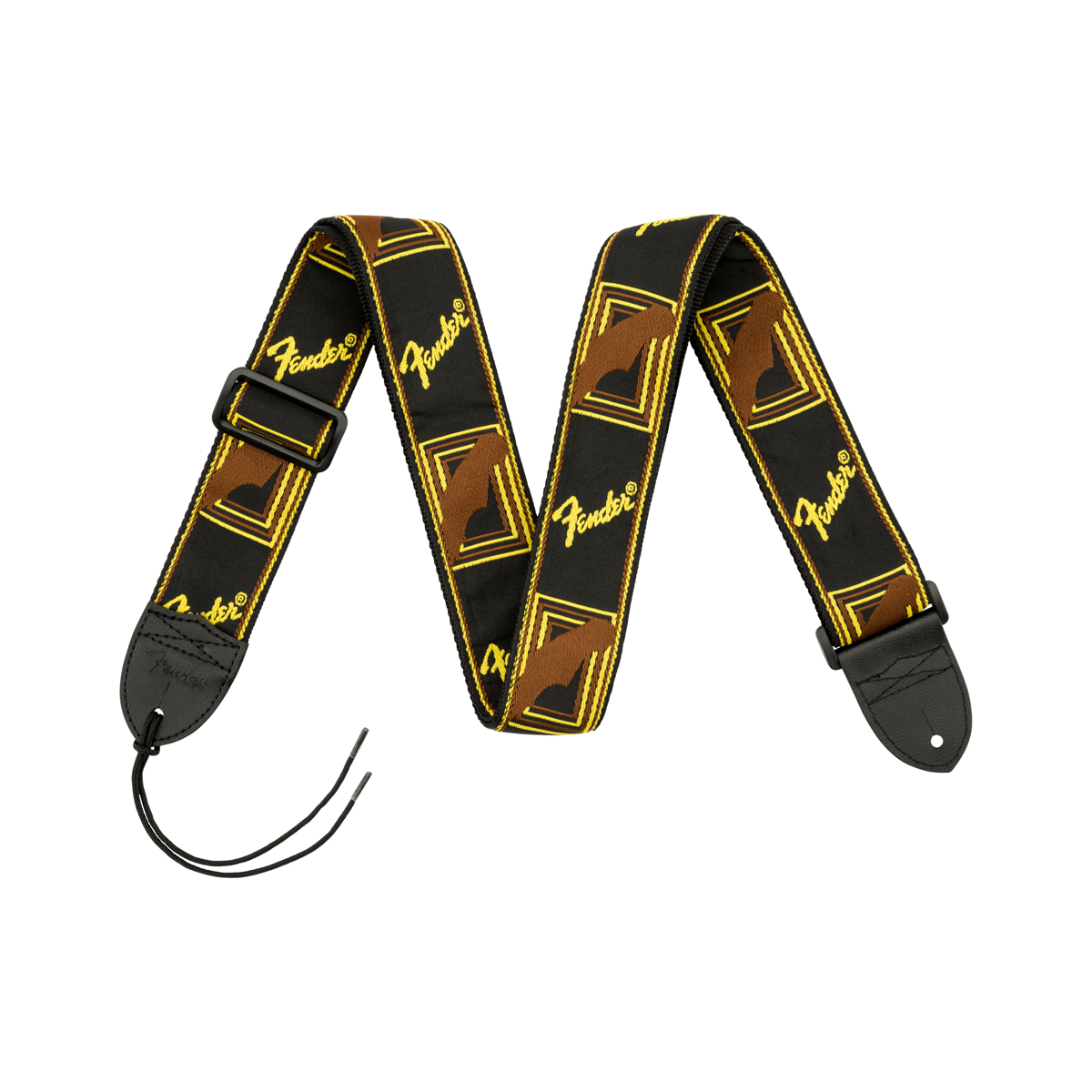Fender monogrammed guitar strap in black, yellow, and brown
