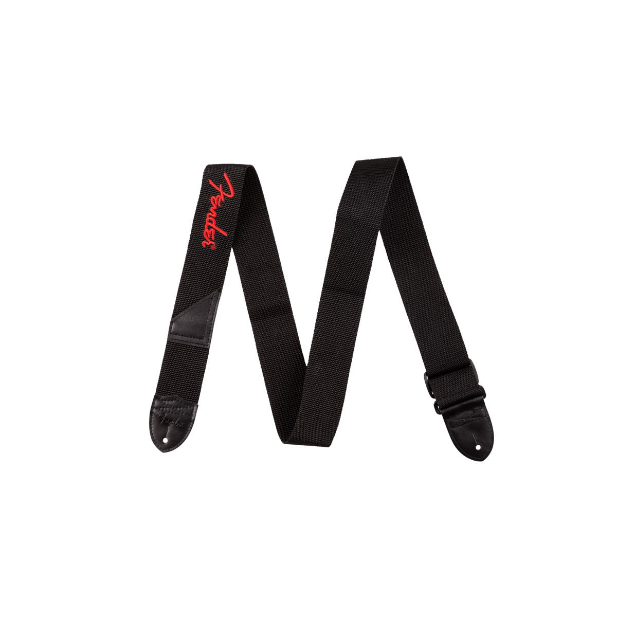 Fender logo guitar strap, black with red spaghetti logo