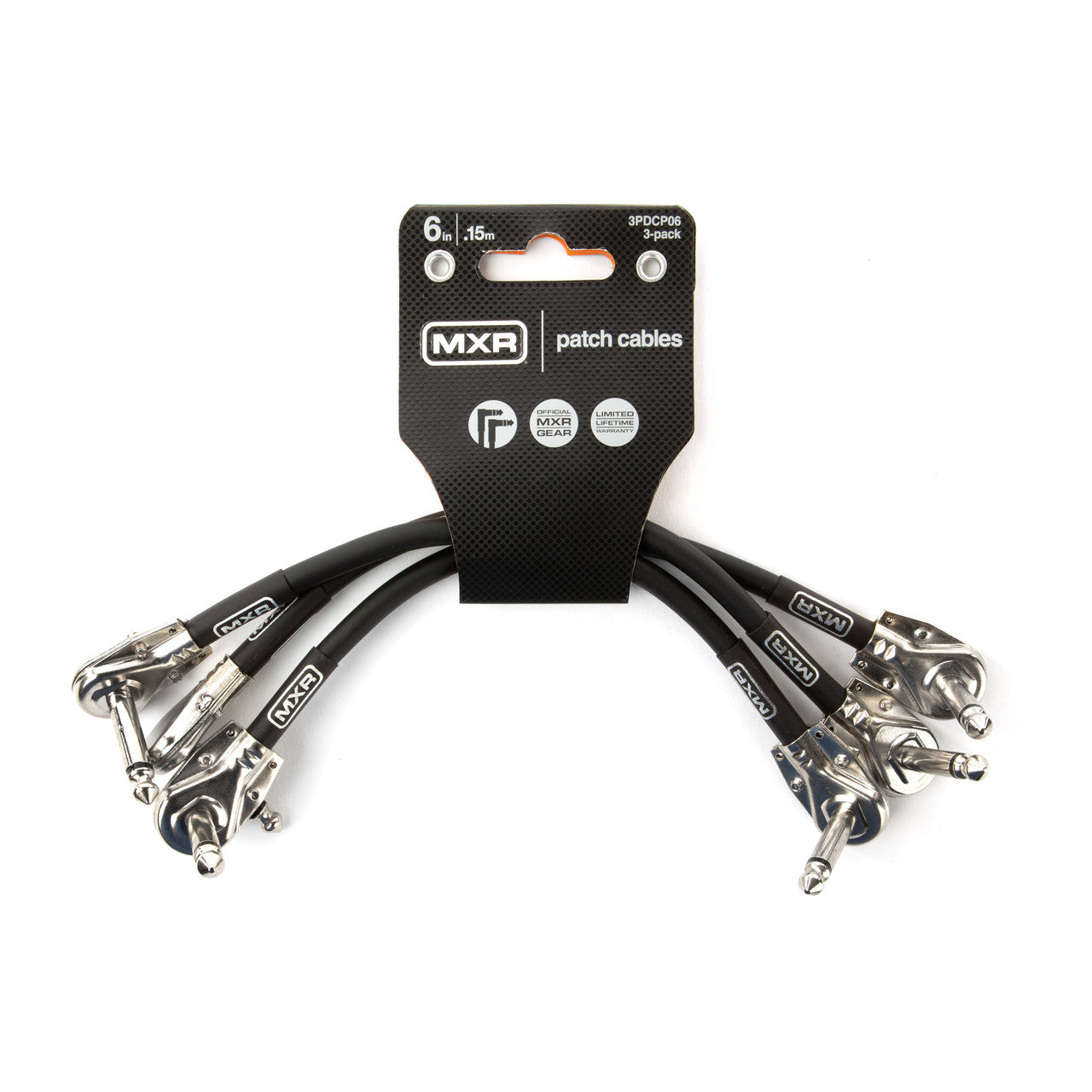 MXR 3PDCP06 patch cables, 6 inch right-angle, shown as a 3-pack