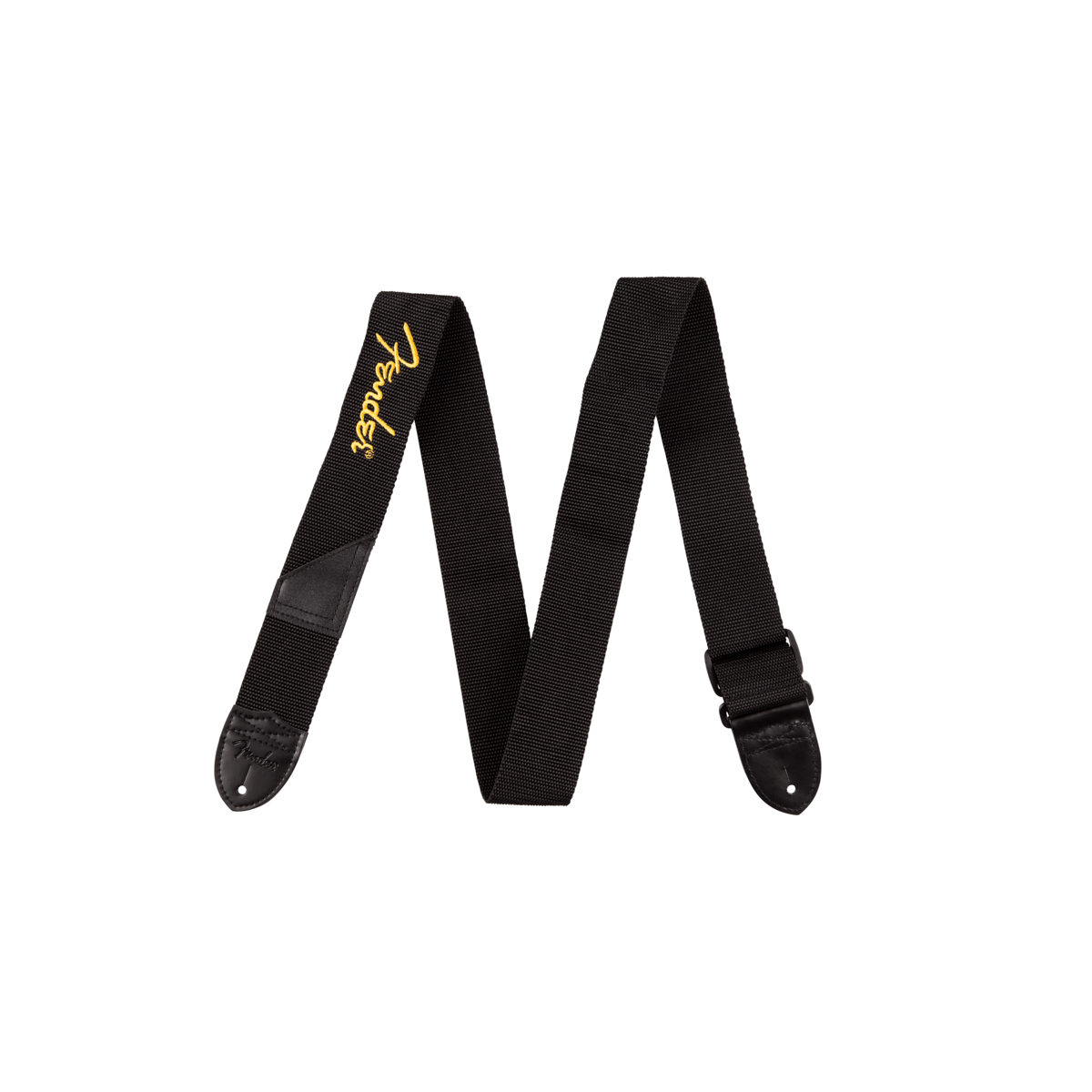 Fender logo guitar strap, black with yellow spaghetti logo