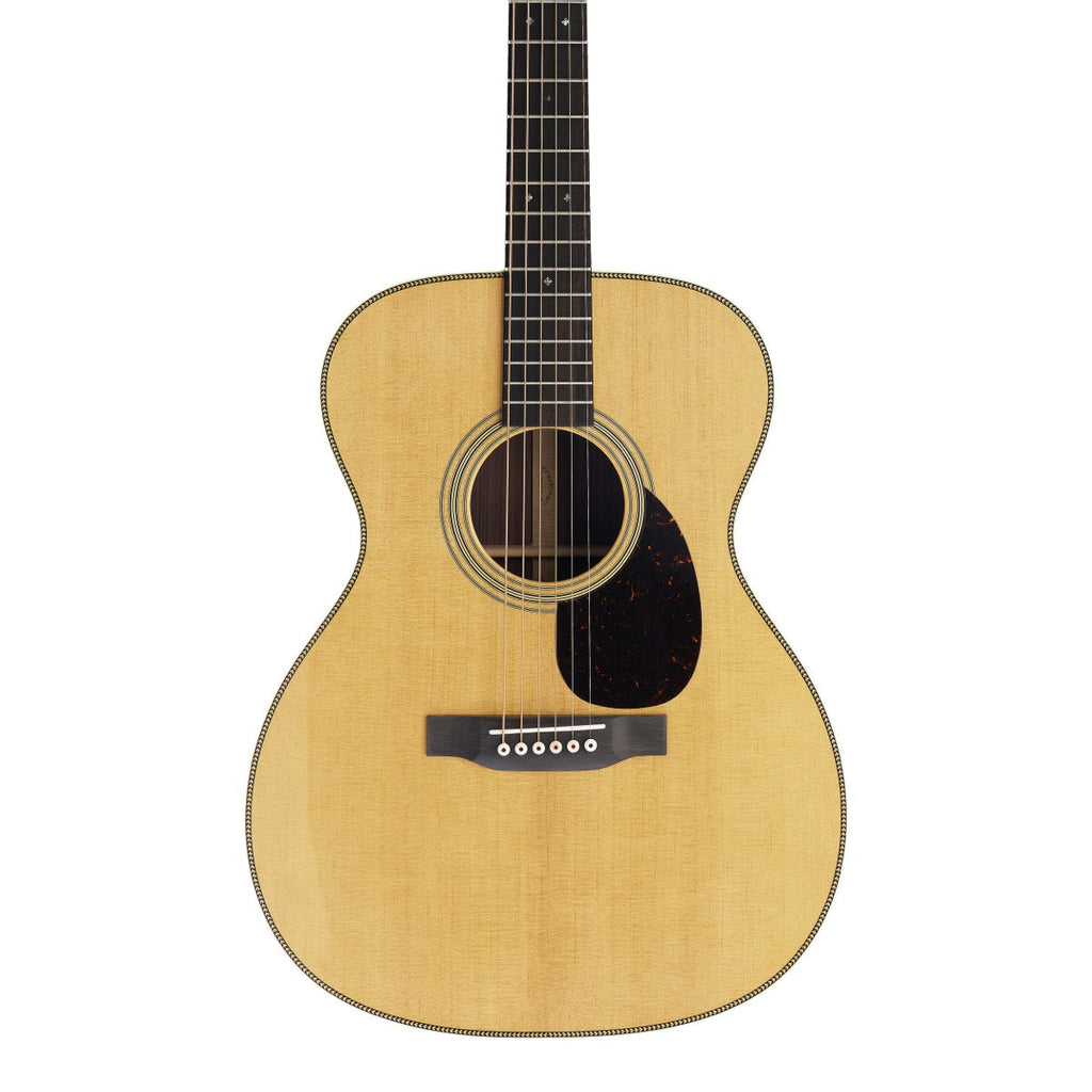 Martin OM-28 Standard Series acoustic guitar, body detail with herringbone purfling