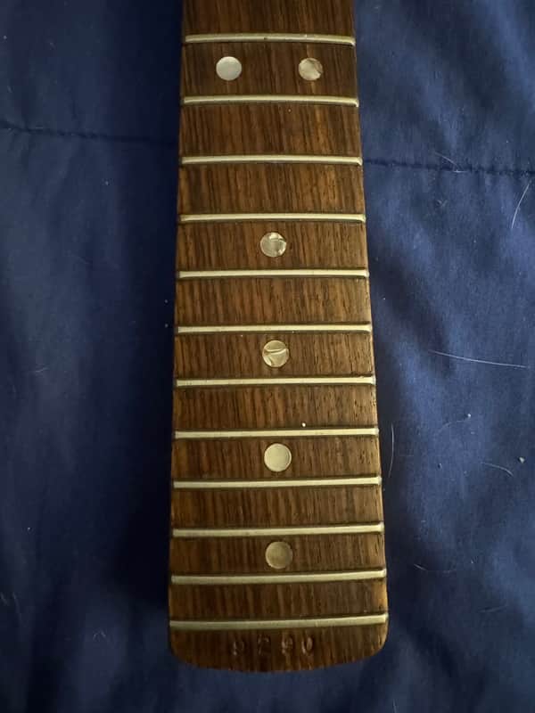 1972 Fender Mustang Neck Rosewood - fretboard lower frets with stamp - Pauls Guitar Hideout