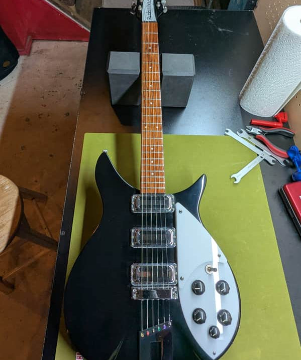 Rickenbacker 350 V63 - front full body on workbench - Pauls Guitar Hideout