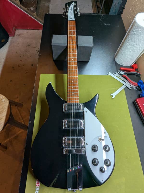 Rickenbacker 350 V63 - front full body on workbench - Pauls Guitar Hideout