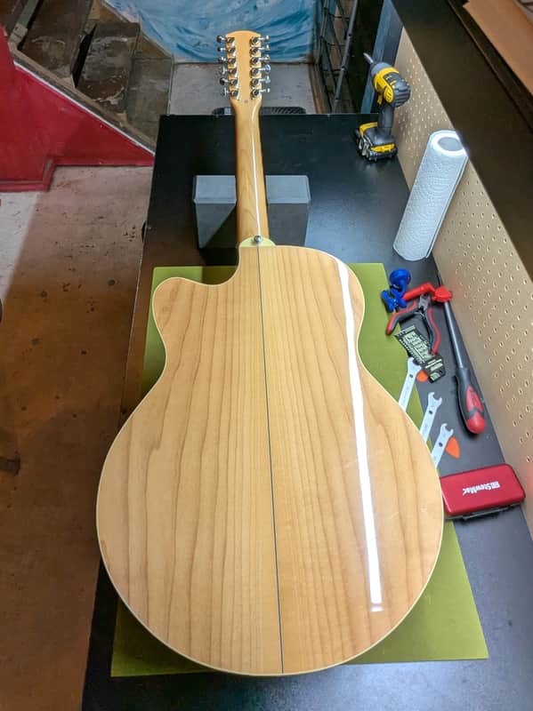 Alvarez AJ-60SC/12 - back full body on workbench - Pauls Guitar Hideout