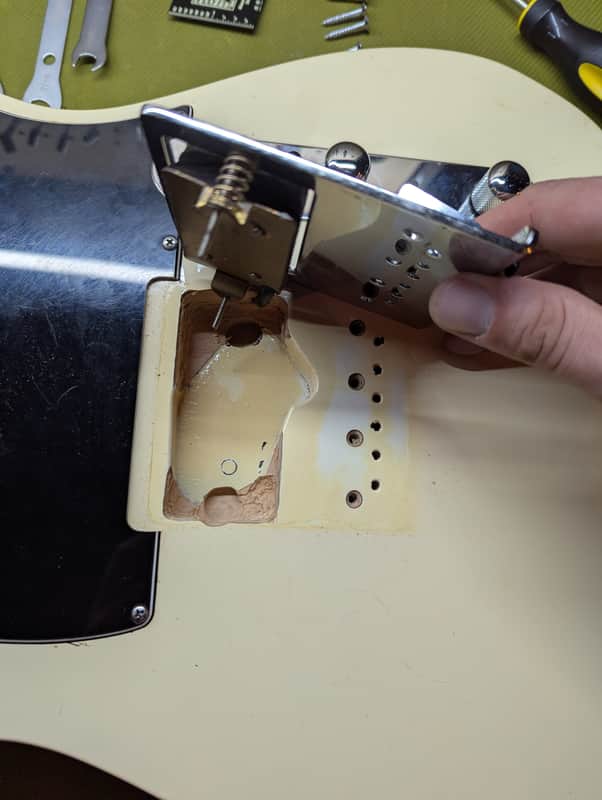 WD Partscaster Telecaster - bridge plate lifted showing cavity - Pauls Guitar Hideout