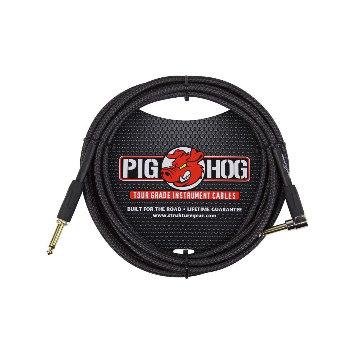 Pig Hog PCH10BKR black woven instrument cable, 10 ft, right-angle quarter-inch plug