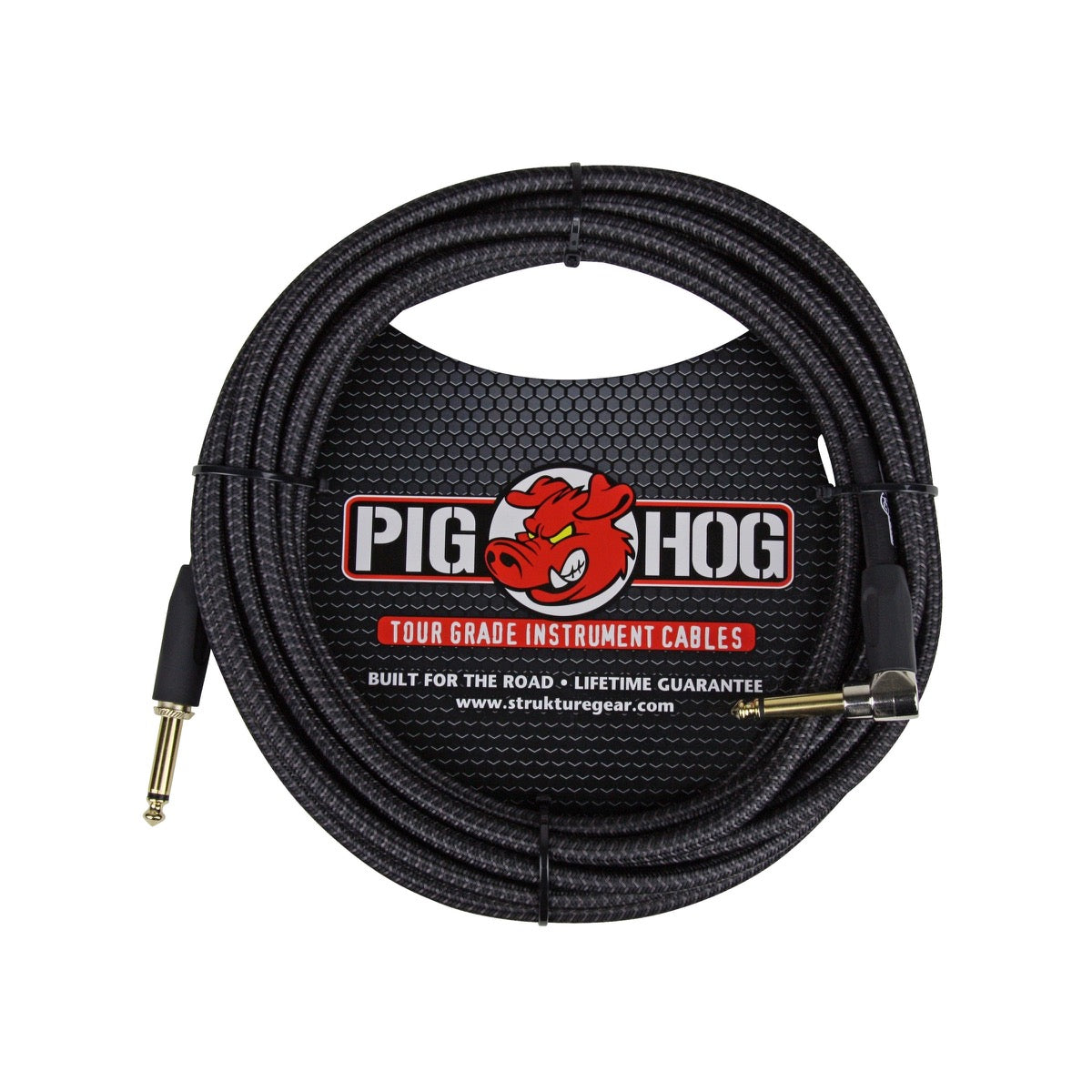 Pig Hog PCH20BKR black woven instrument cable, 20 ft, right-angle quarter-inch plug