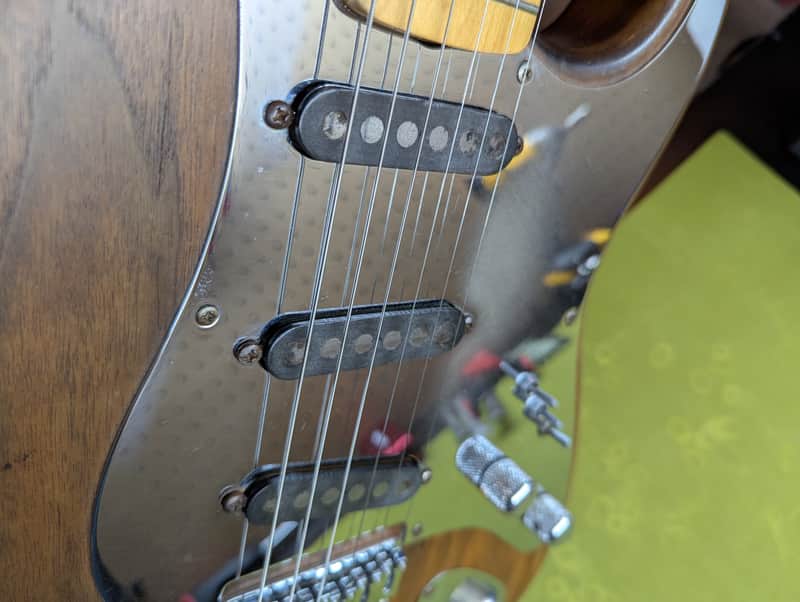 80s Schecter Dream Machine - pickups and pickguard angled close-up - Pauls Guitar Hideout