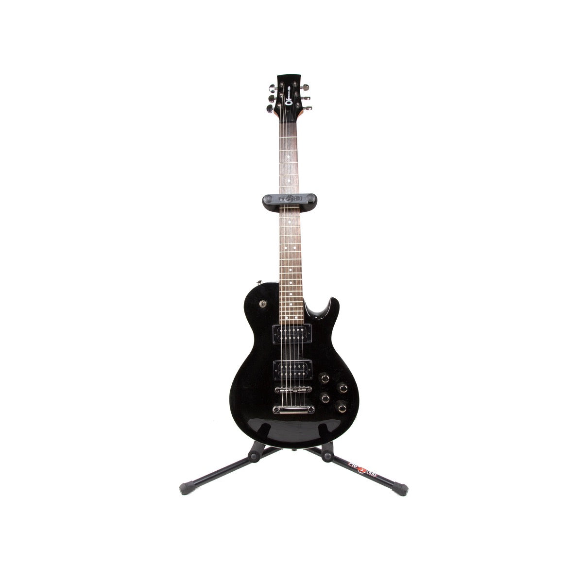 Pig Hog PHGS-BK fat foam A-frame guitar stand in black holding a guitar