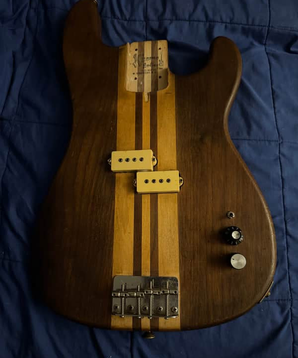 75-80 Kharma P Bass Walnut - body front with pickups and bridge - Pauls Guitar Hideout