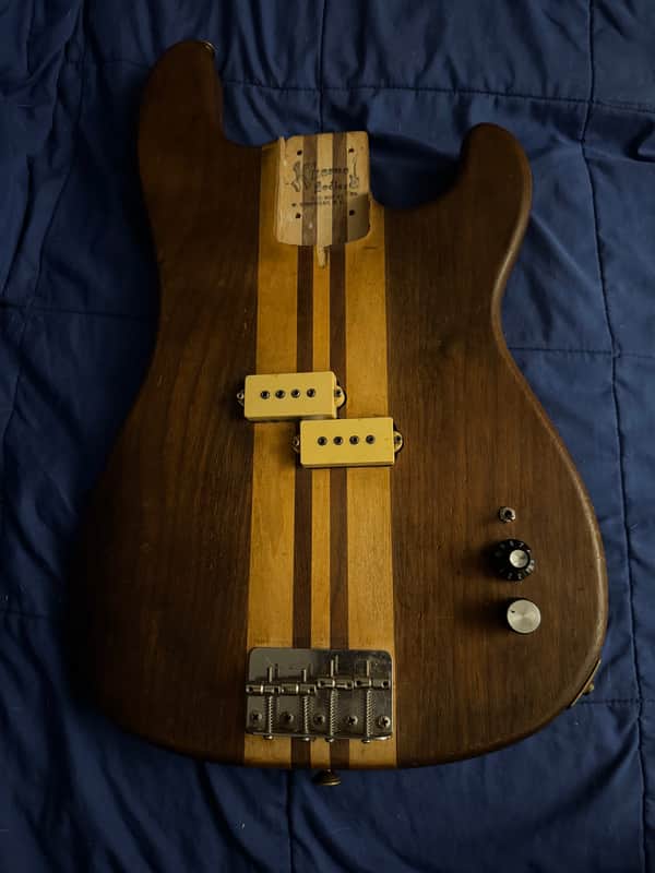 75-80 Kharma P Bass Walnut - body front with pickups and bridge - Pauls Guitar Hideout