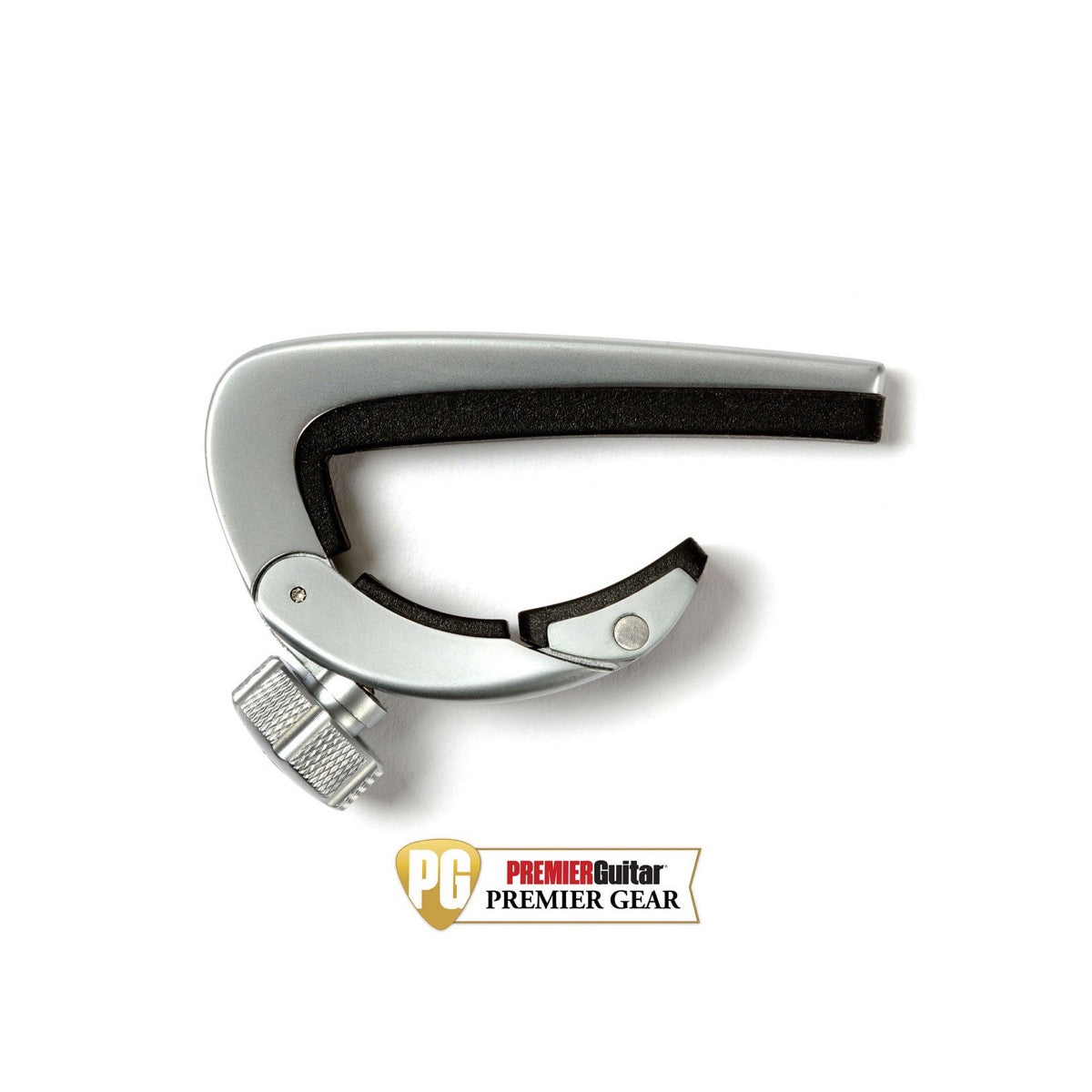 Dunlop DPC-SC Pivot Capo in satin chrome, shown clamped on a guitar neck