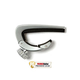 Dunlop DPC-SC Pivot Capo in satin chrome, shown clamped on a guitar neck