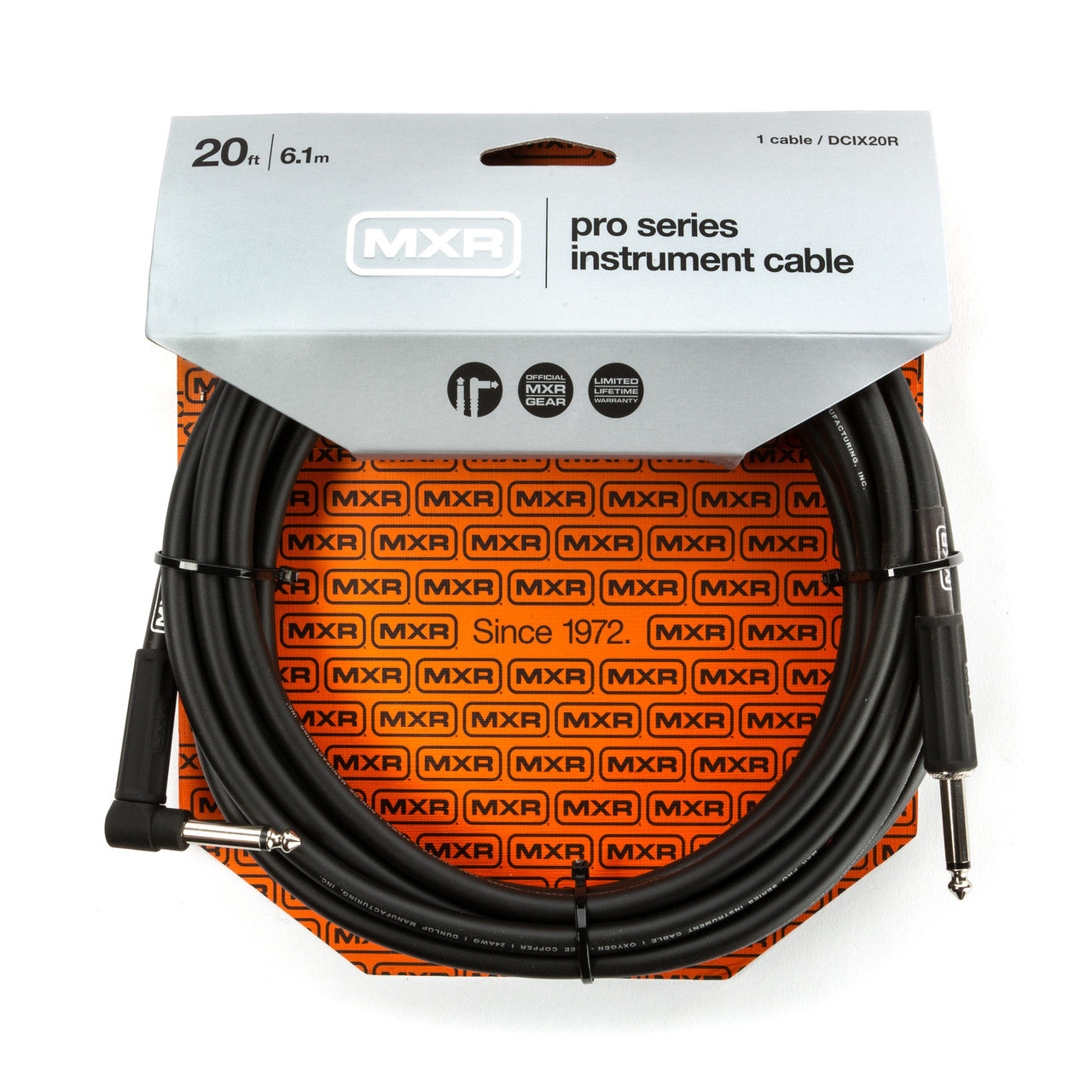 MXR DCIX20R Pro Series instrument cable, 20 feet, right angle to straight quarter-inch