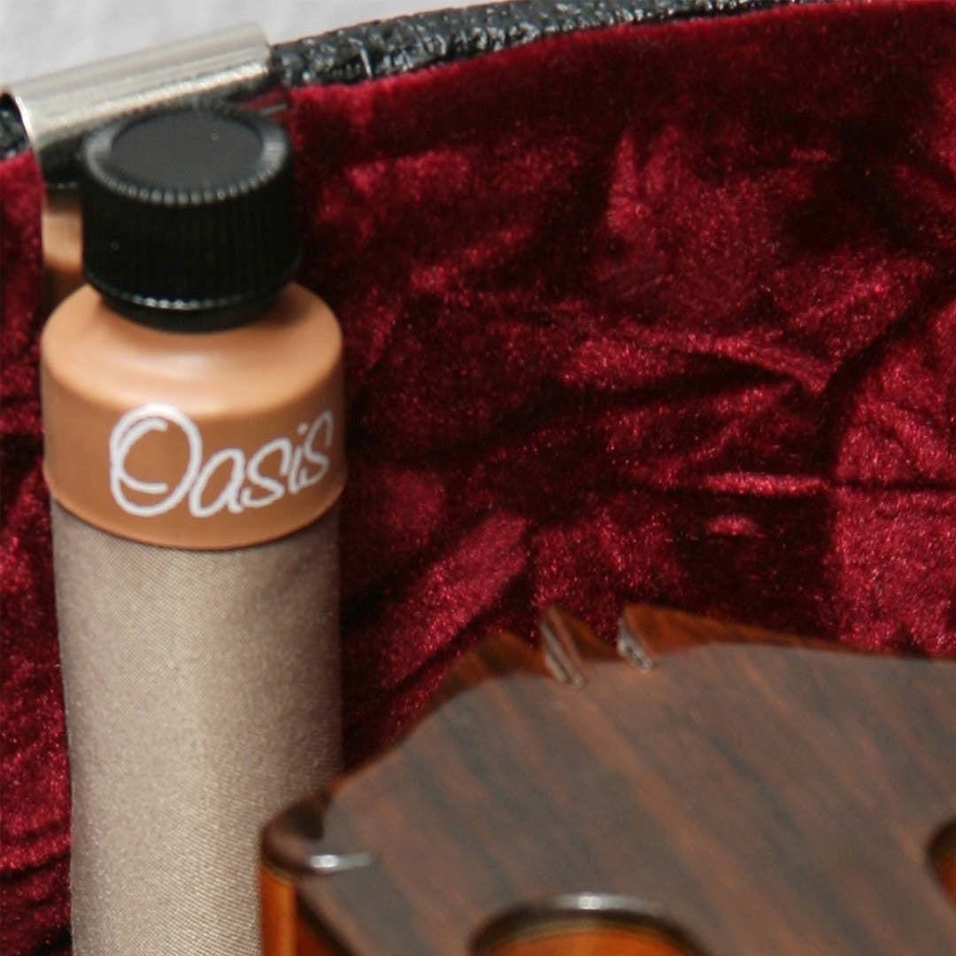Oasis OH-14 humidifier clipped over the edge of a red velvet lined case beside a guitar body