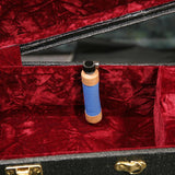 Oasis OH-6 humidifier standing in the accessory compartment of an open red velvet lined guitar case