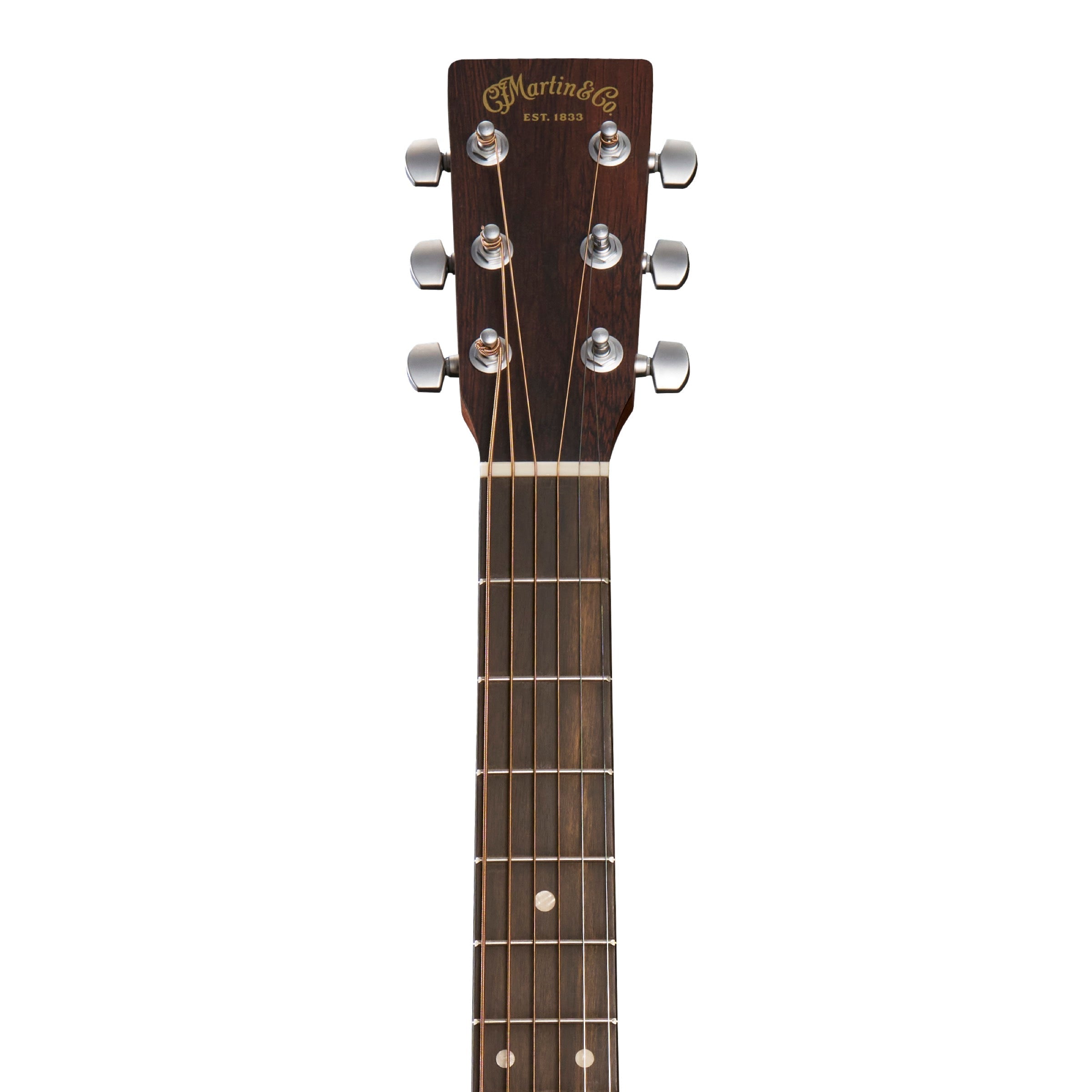 Martin OMC-10E Modern Burst headstock and neck, satin chrome enclosed tuners