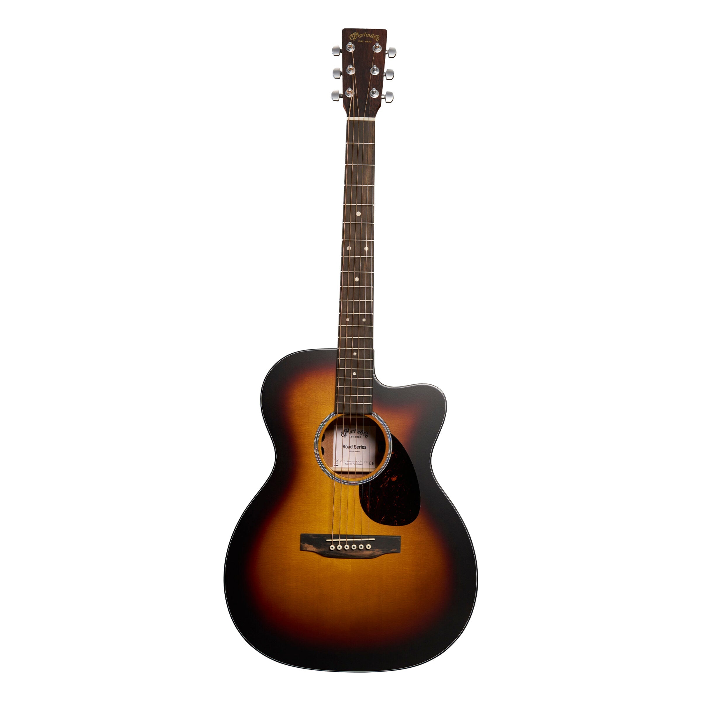 Martin OMC-10E Modern Burst Road Series, full front view, 1935 Sunburst spruce top with 000 cutaway body