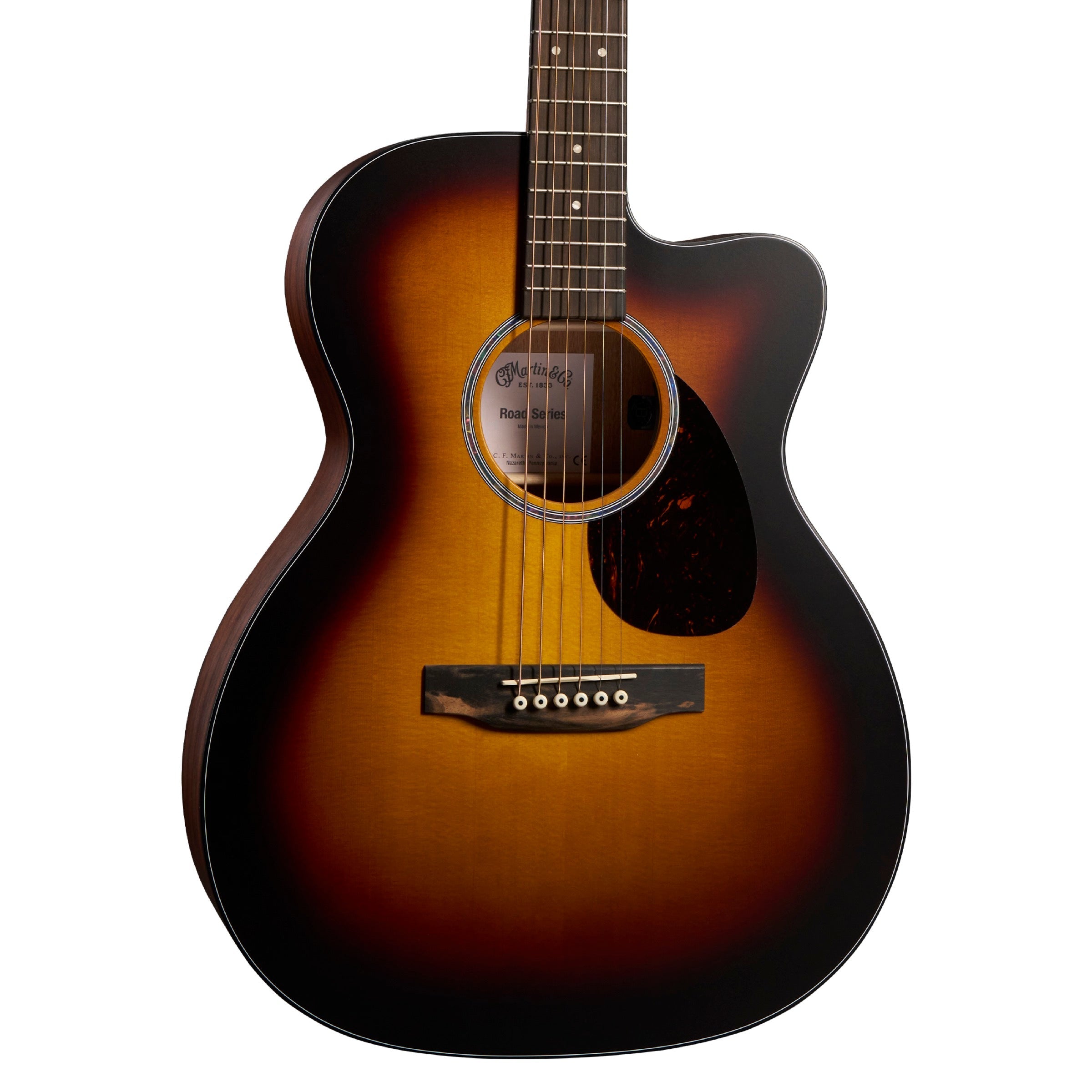 Martin OMC-10E Modern Burst body detail, faux abalone rosette, cutaway, sloped Modern Belly bridge