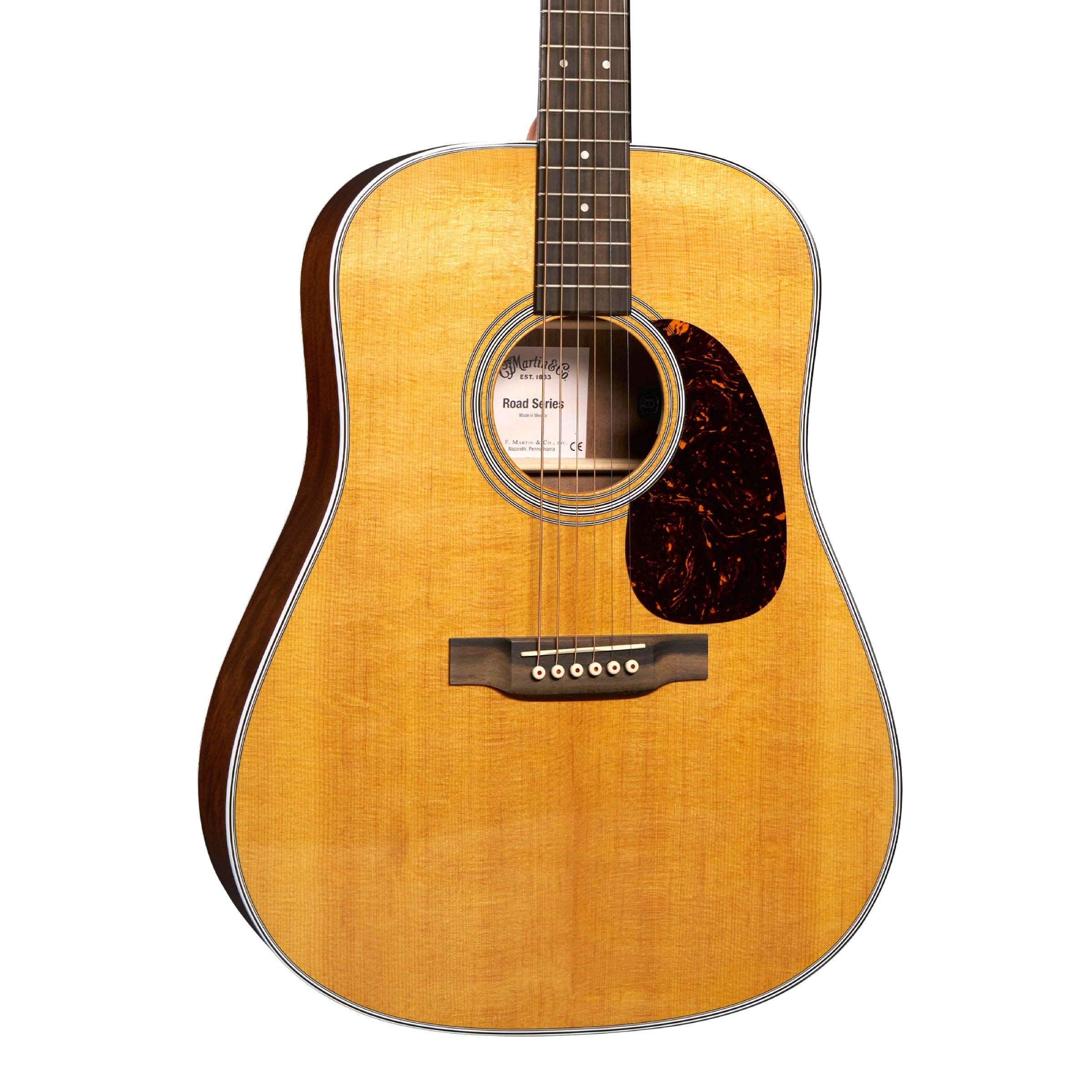 Martin D-13E Retro Walnut body detail, Style 28 rosette, white binding, ebony Modern Belly bridge