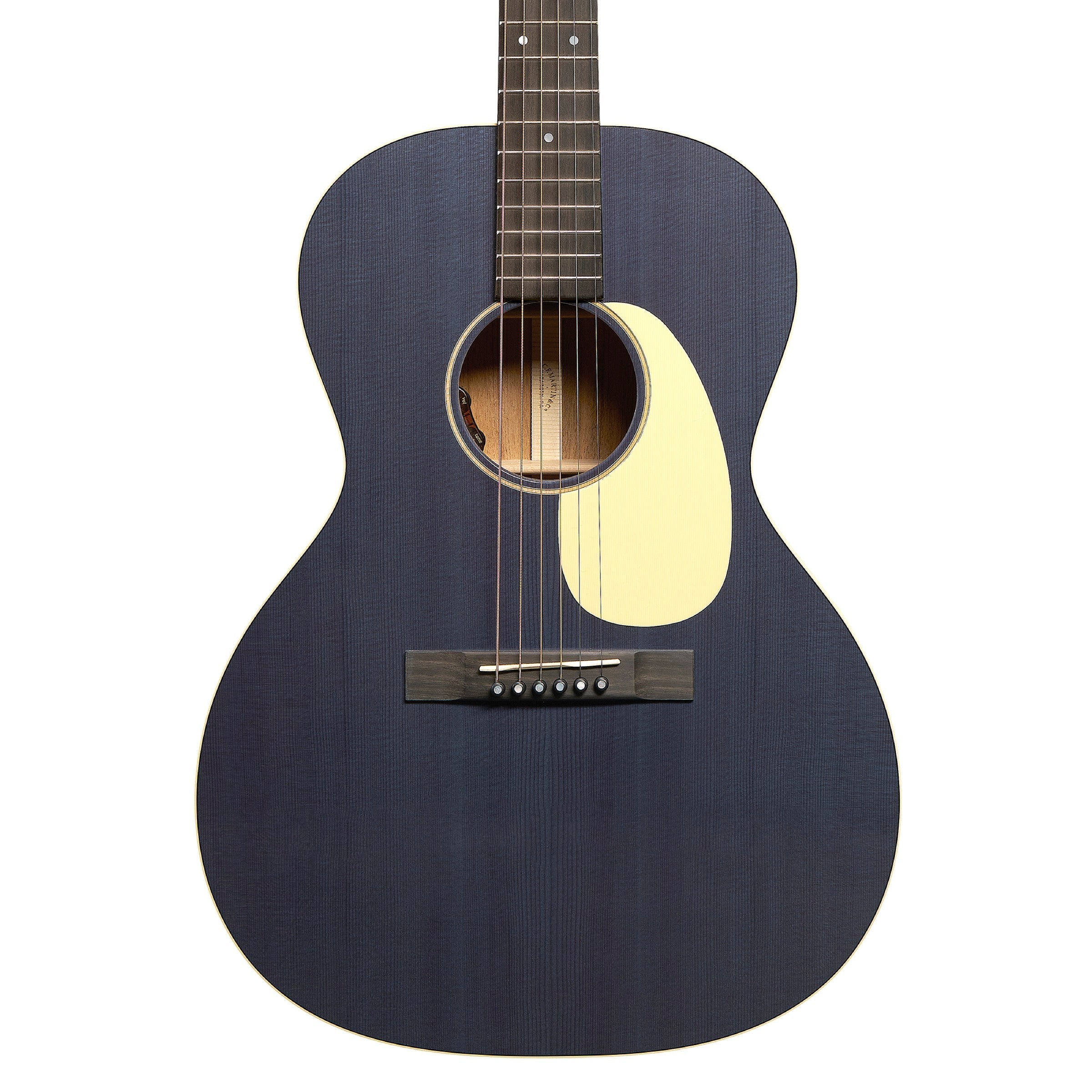 Martin 00L-16E Blue Denim body at three-quarter angle showing grained ivoroid pickguard